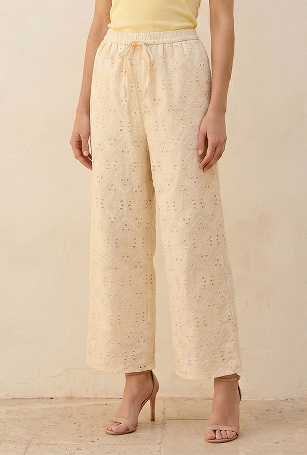 Iconic Elasticated Waist Embroidered Cotton Wide Leg Pants-women-image-1
