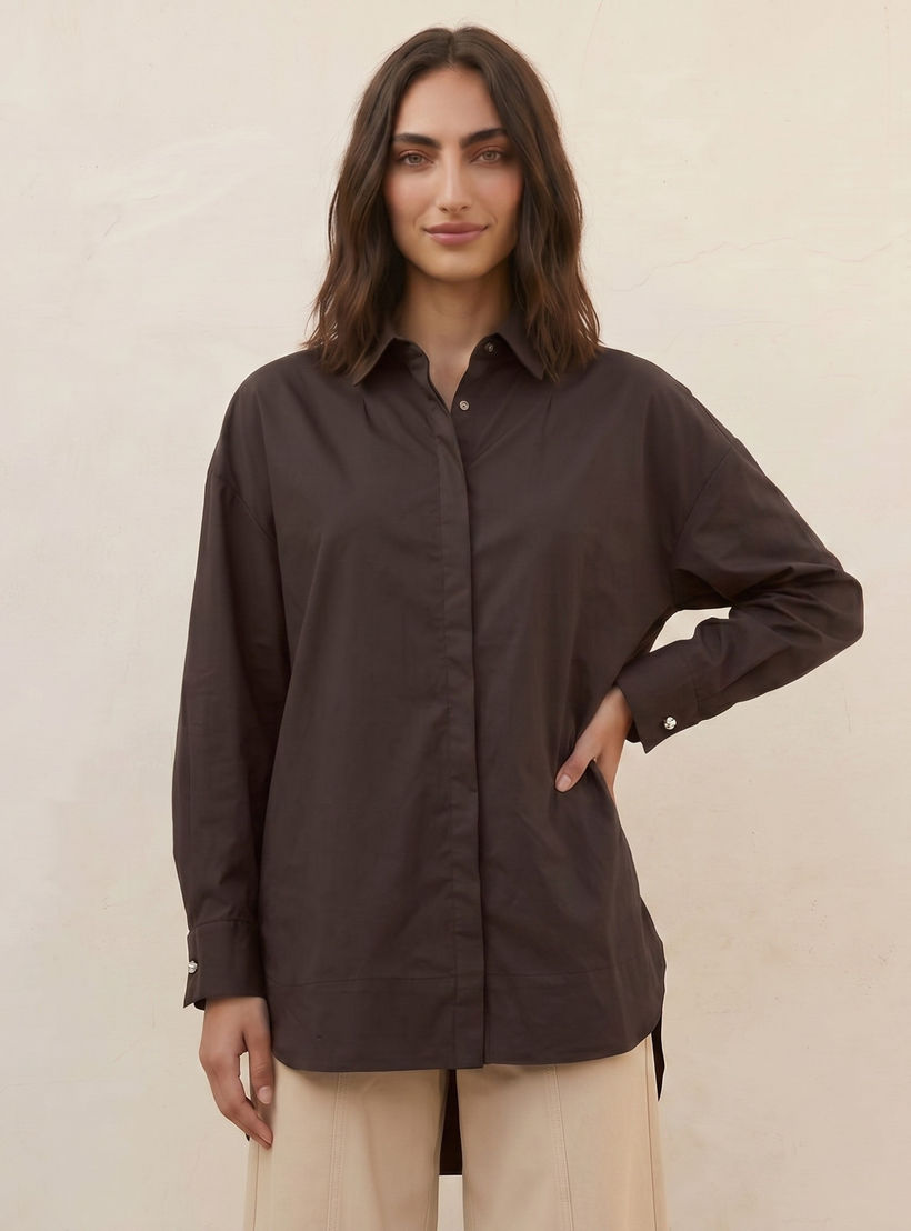 قميص بوبلين بقصة مريحة وطول غير متساوي من آيكونيك-women-clothing-shirtsandblouses-shirts-image-1