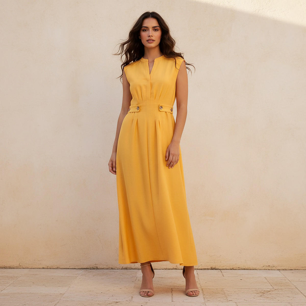 Iconic A-line Midi Dress with Button Flaps-women-clothing-dresses-image-1