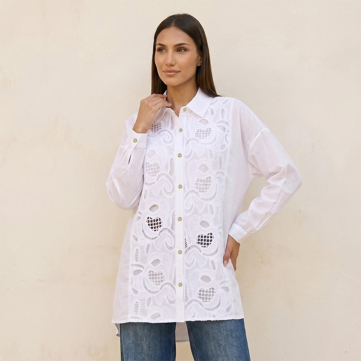 Splash Iconic Embroidered Cotton Shirt High-Low Hem-women-clothing-shirtsandblouses-shirts-image-1