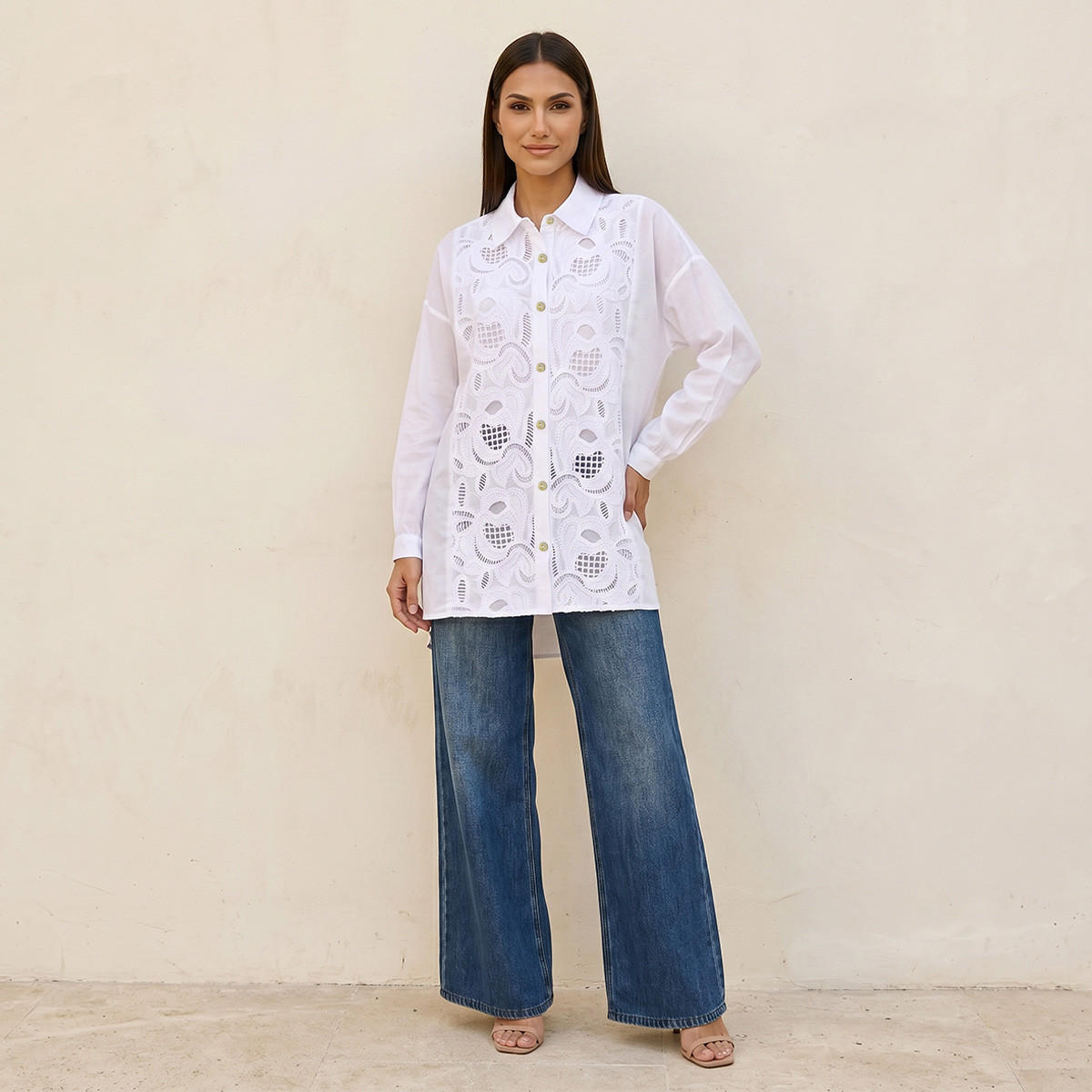 Splash Iconic Embroidered Cotton Shirt High-Low Hem-women-clothing-shirtsandblouses-shirts-image-3