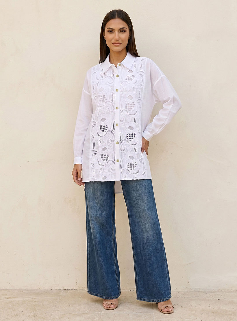Splash Iconic Embroidered Cotton Shirt High-Low Hem-women-clothing-shirtsandblouses-shirts-image-3