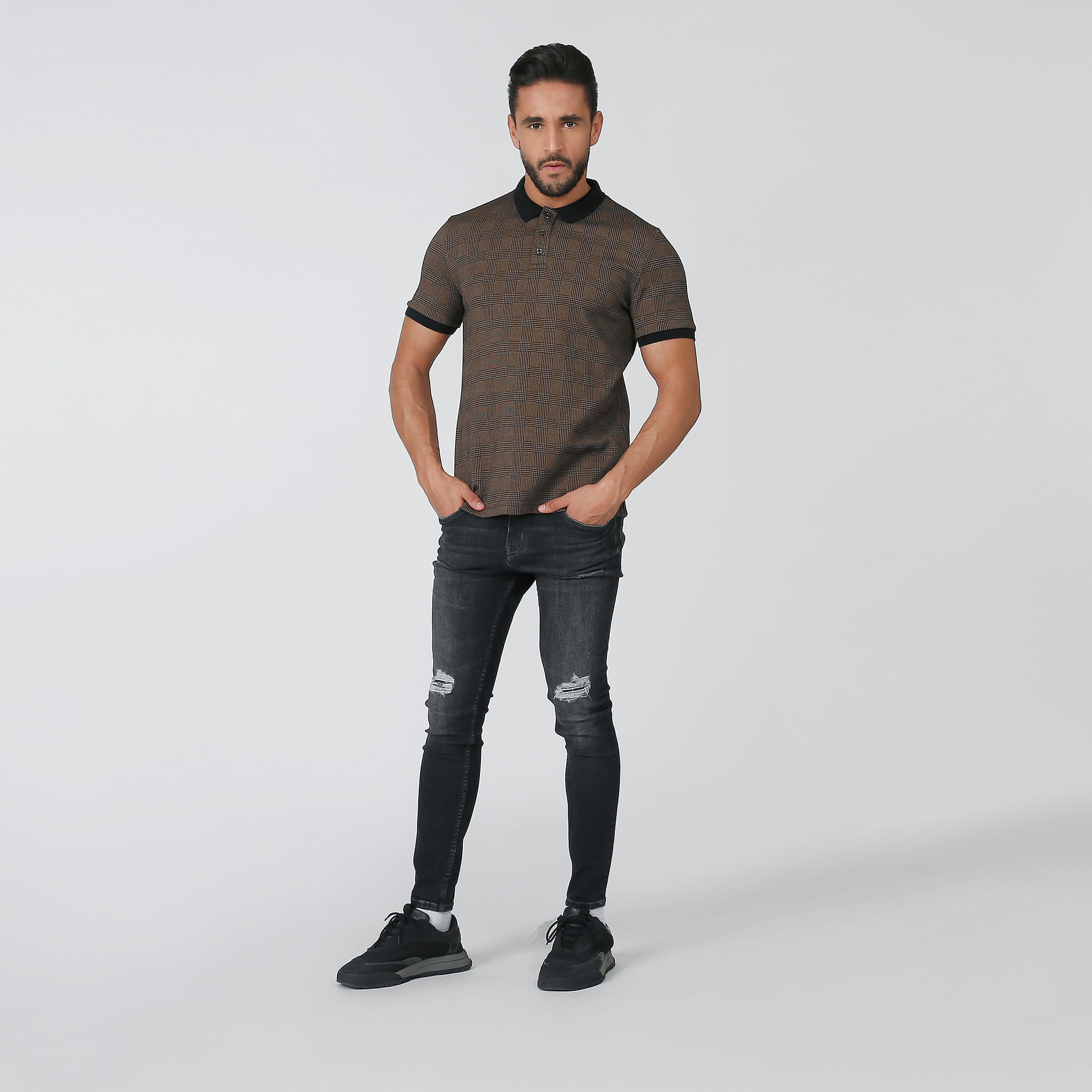 تيشيرت بولو سليم كاروهات بأكمام قصيرة من آيكونيك-men-clothing-tshirtsandpolos-polos-image-2