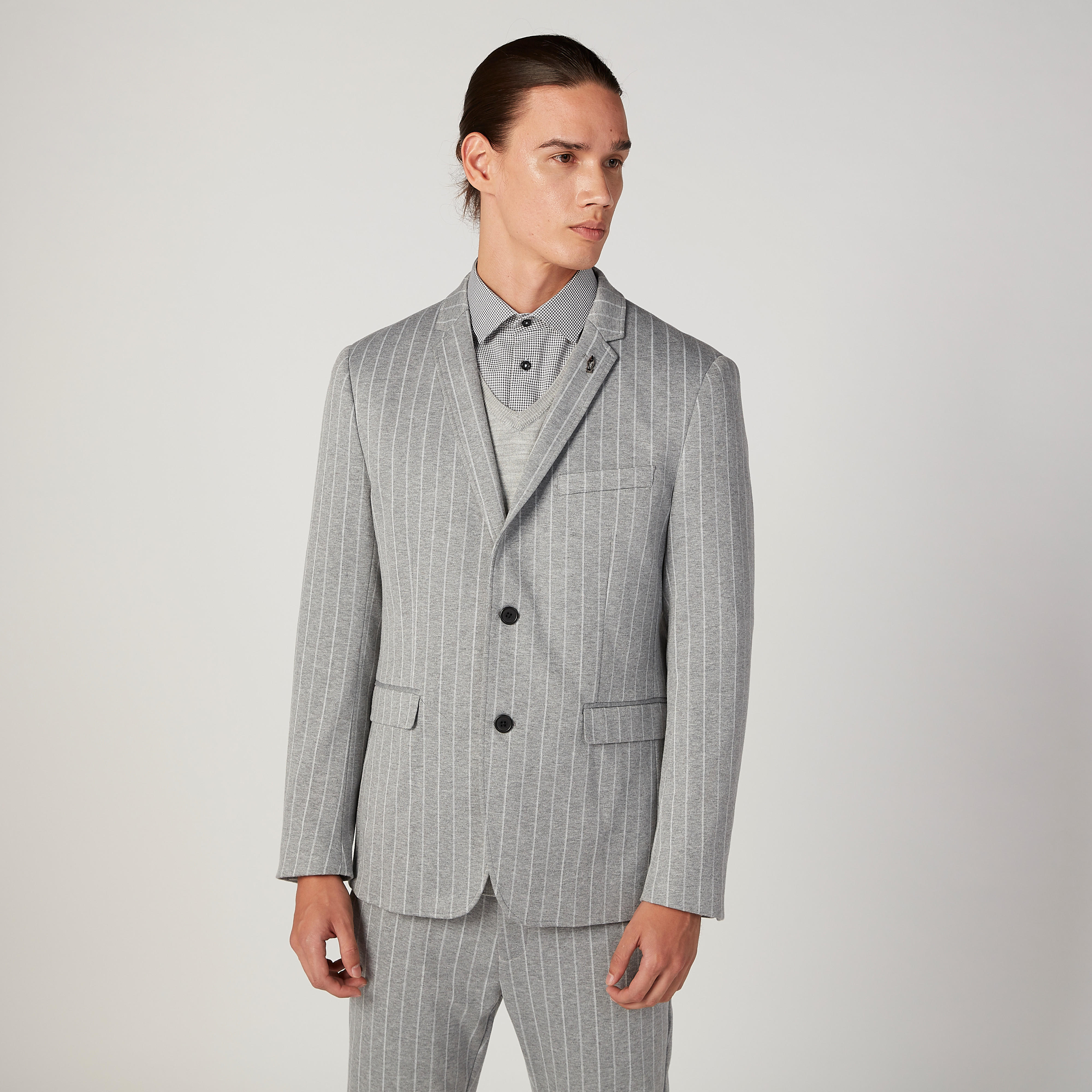 بليزر سليم مقلم بياقة طويلة وأكمام طويلة من آيكونيك-men-winterwear-jacketsandblazers-image-1