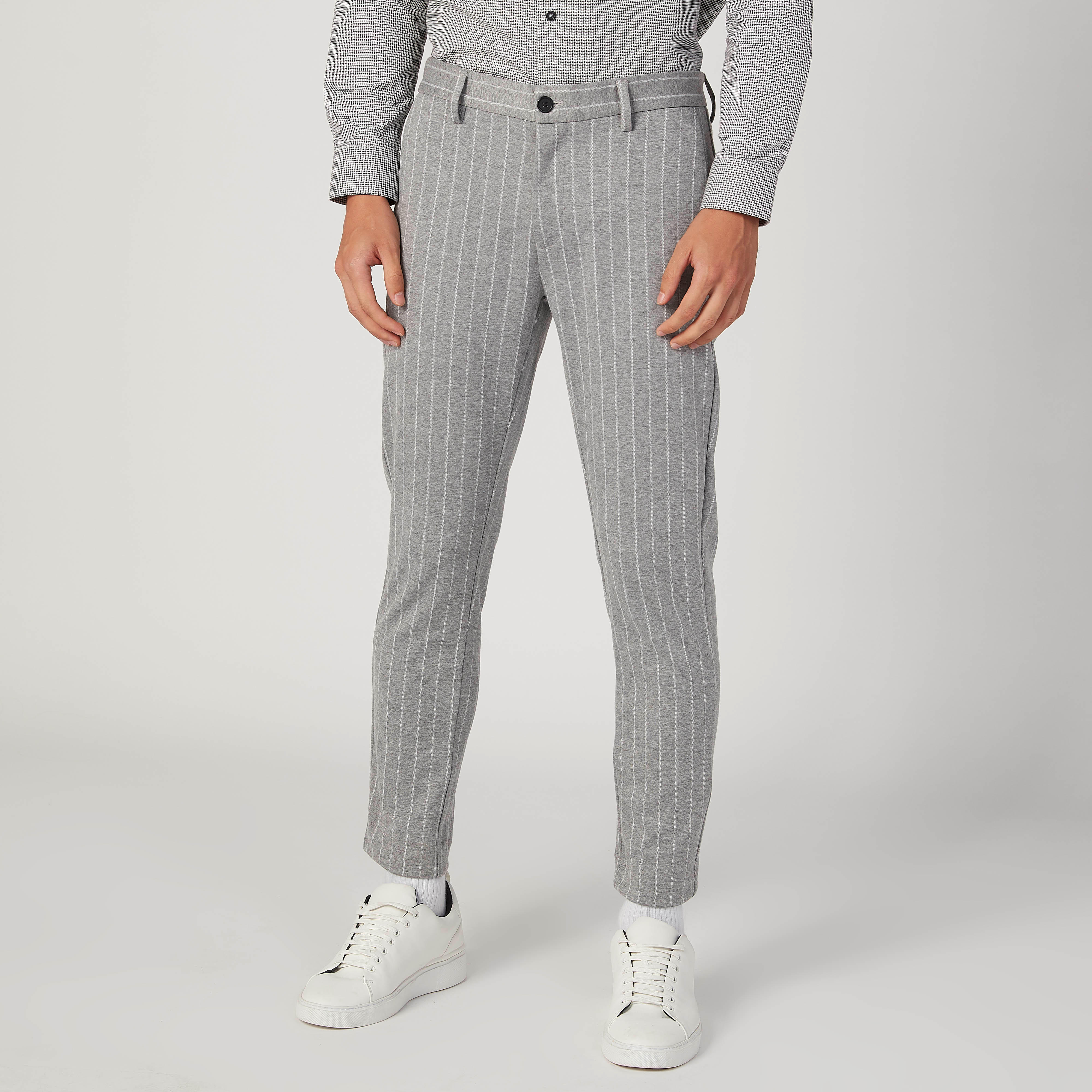 بنطلون سليم مقلّم بخصر متوسط الارتفاع وجيوب من آيكونيك-men-clothing-bottoms-trousersandchinos-trousers-image-1