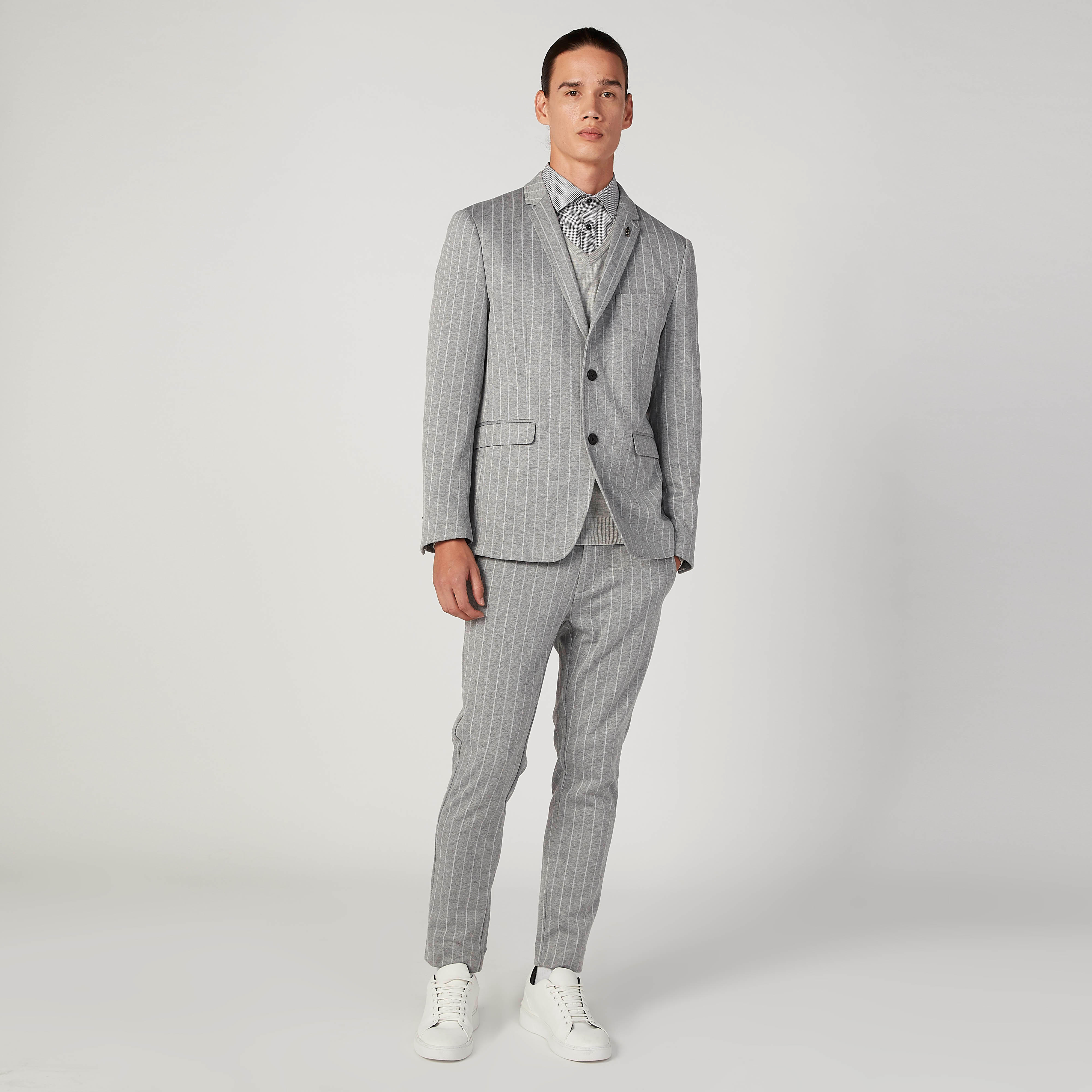 بنطلون سليم مقلّم بخصر متوسط الارتفاع وجيوب من آيكونيك-men-clothing-bottoms-trousersandchinos-trousers-image-2