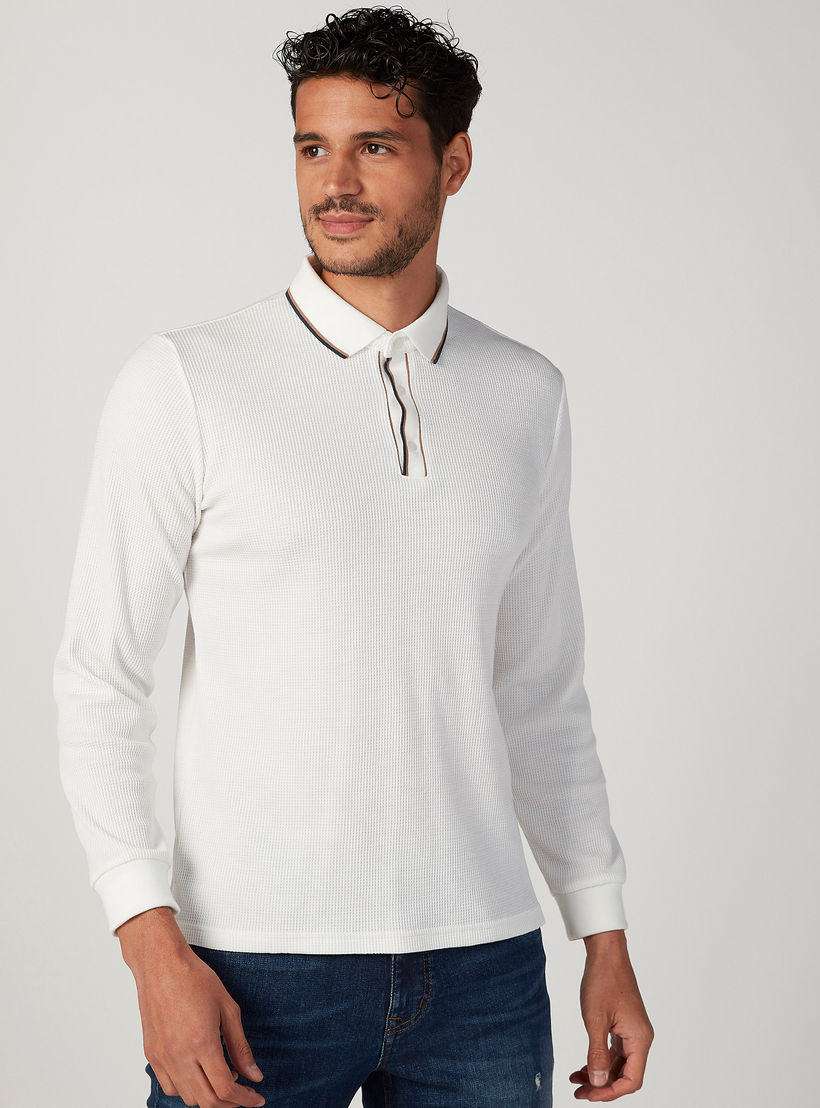 تيشيرت بولو سليم فيت بارز الملمس بأكمام طويلة من آيكونيك-men-clothing-tshirtsandpolos-polos-image-1