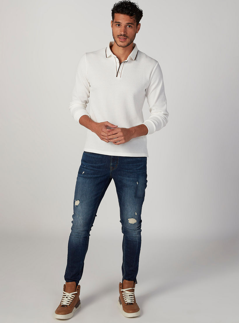 تيشيرت بولو سليم فيت بارز الملمس بأكمام طويلة من آيكونيك-men-clothing-tshirtsandpolos-polos-image-2