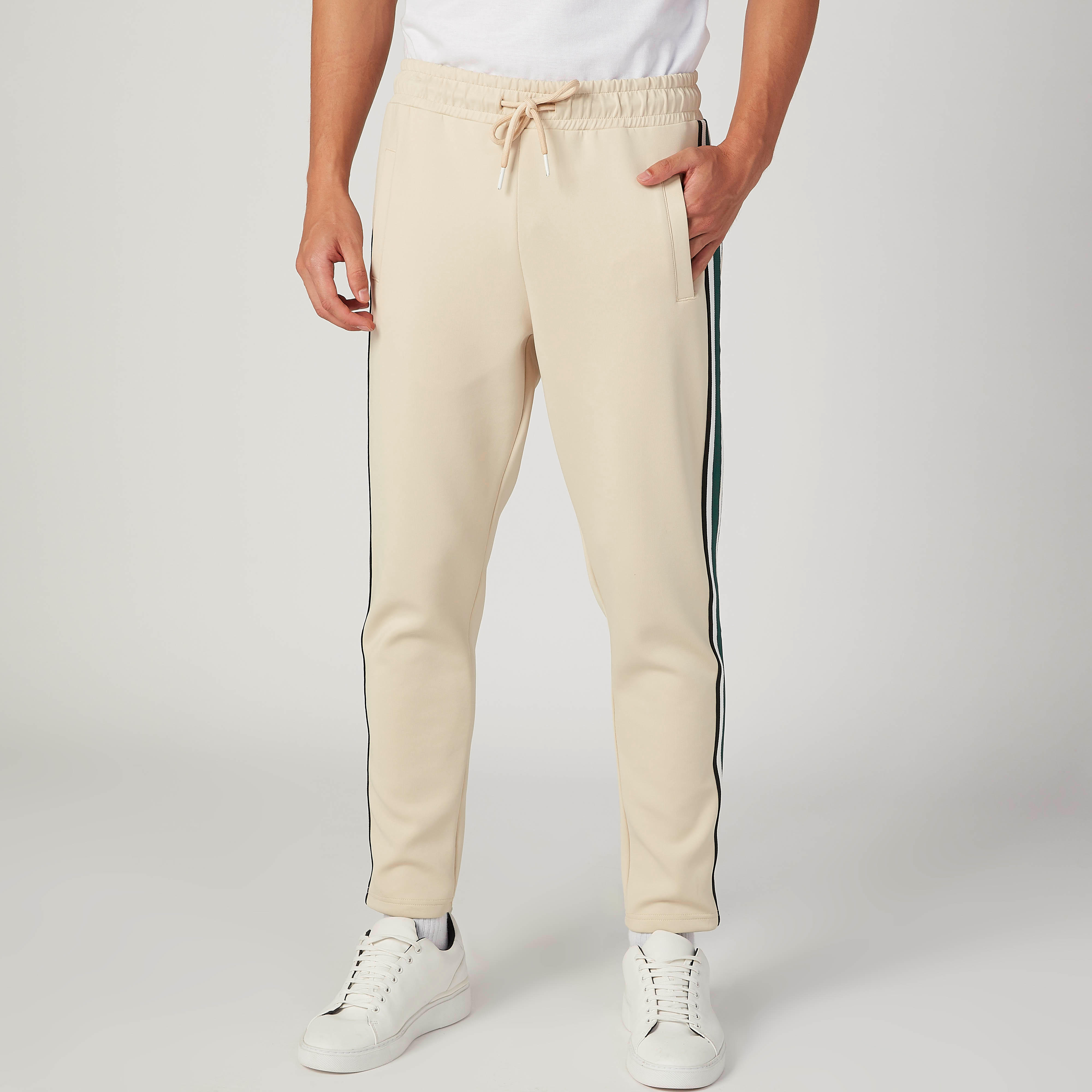 بنطلون سليم فيت سادة بخصر متوسط الارتفاع وجيوب وشريطة من آيكونيك-men-clothing-bottoms-trousersandchinos-trousers-image-1