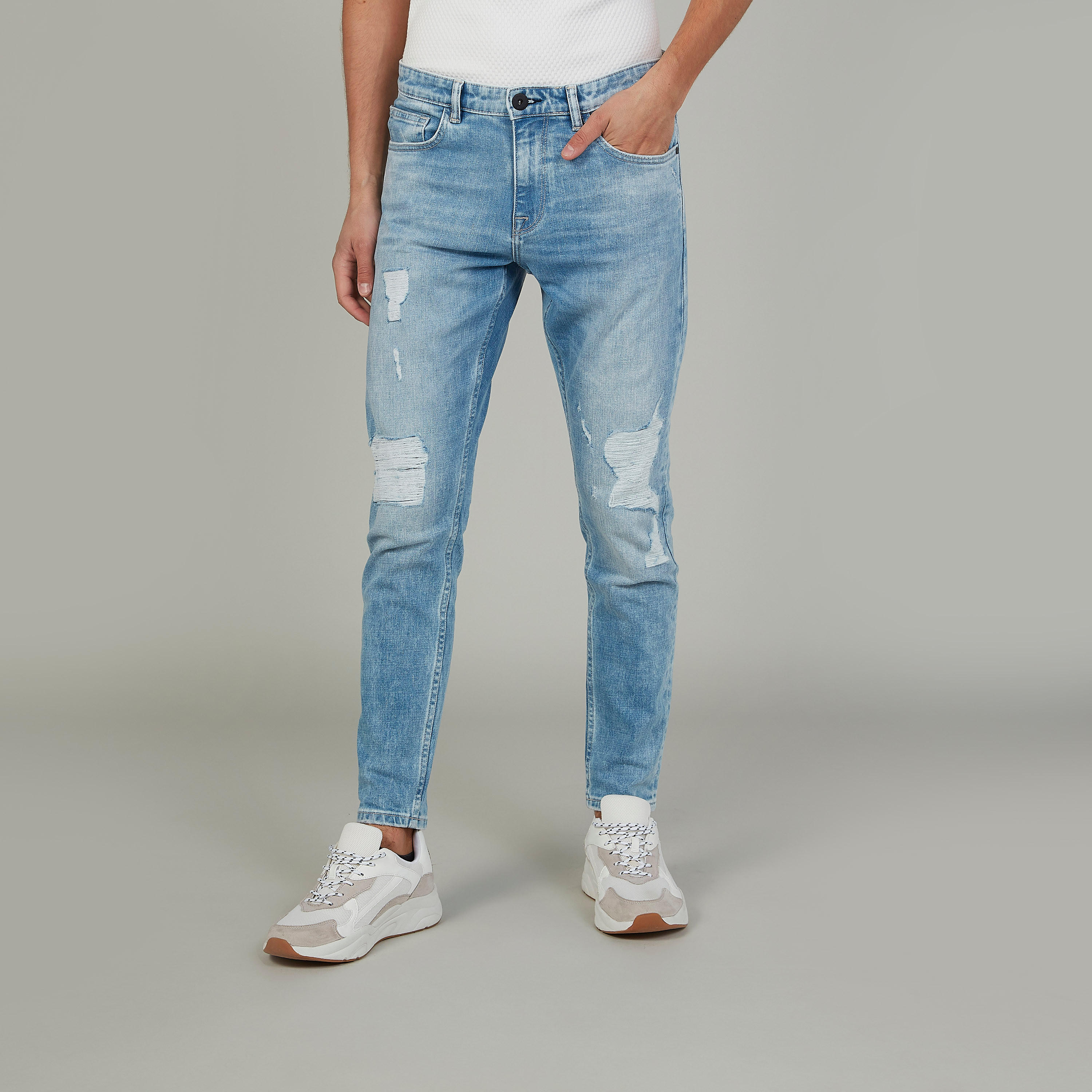 بنطلون جينز ممزق طويل بقصّة سليم وخصر متوسط الارتفاع وجيوب من آيكونيك-men-clothing-bottoms-jeans-image-1