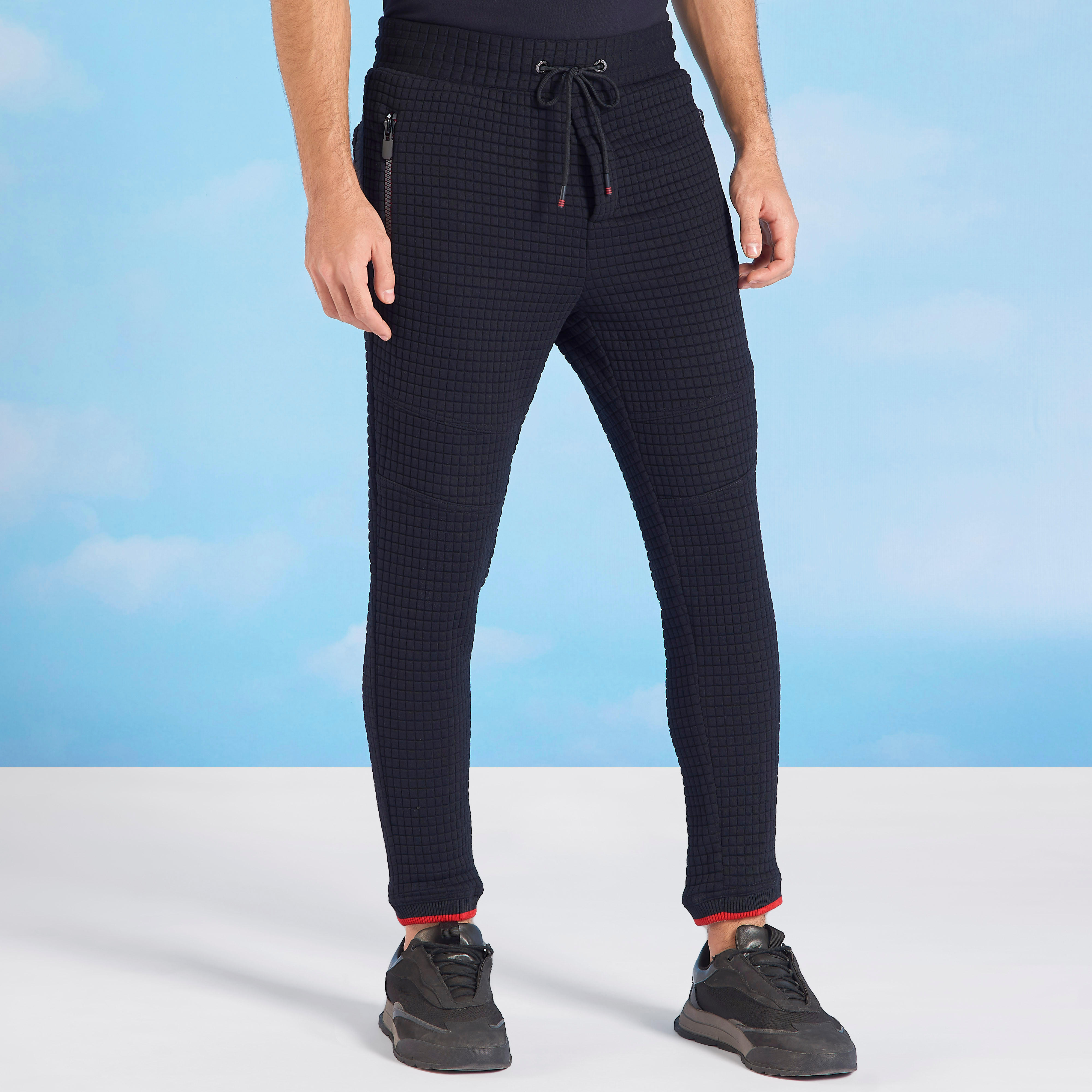 بنطلون رياضي بارز الملمس سليم بخصر مطاطي متوسط الارتفاع-men-clothing-bottoms-joggers-image-1