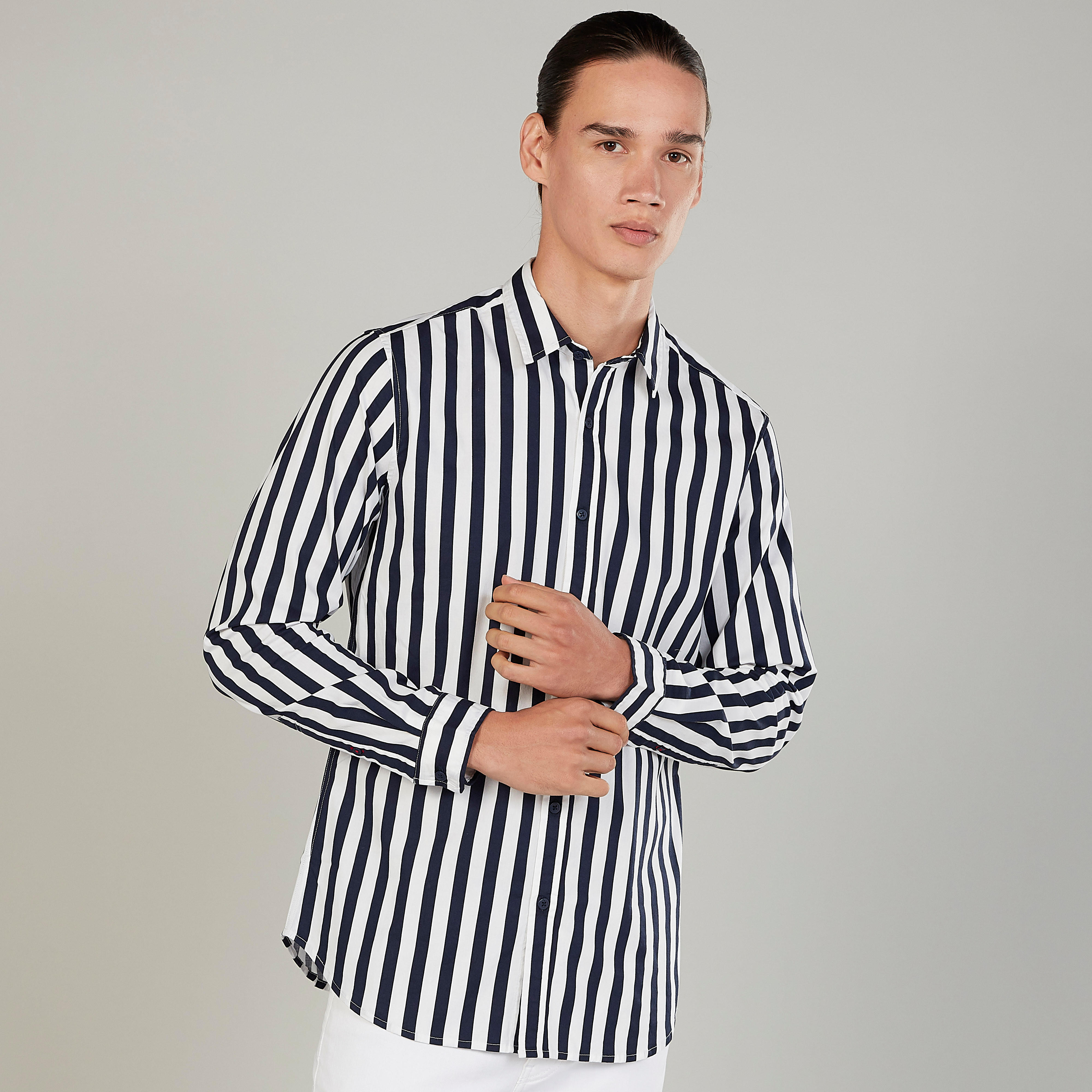 قميص مخطط سليم بياقة عاديّة وأكمام طويلة من آيكونيك-men-clothing-shirts-image-1