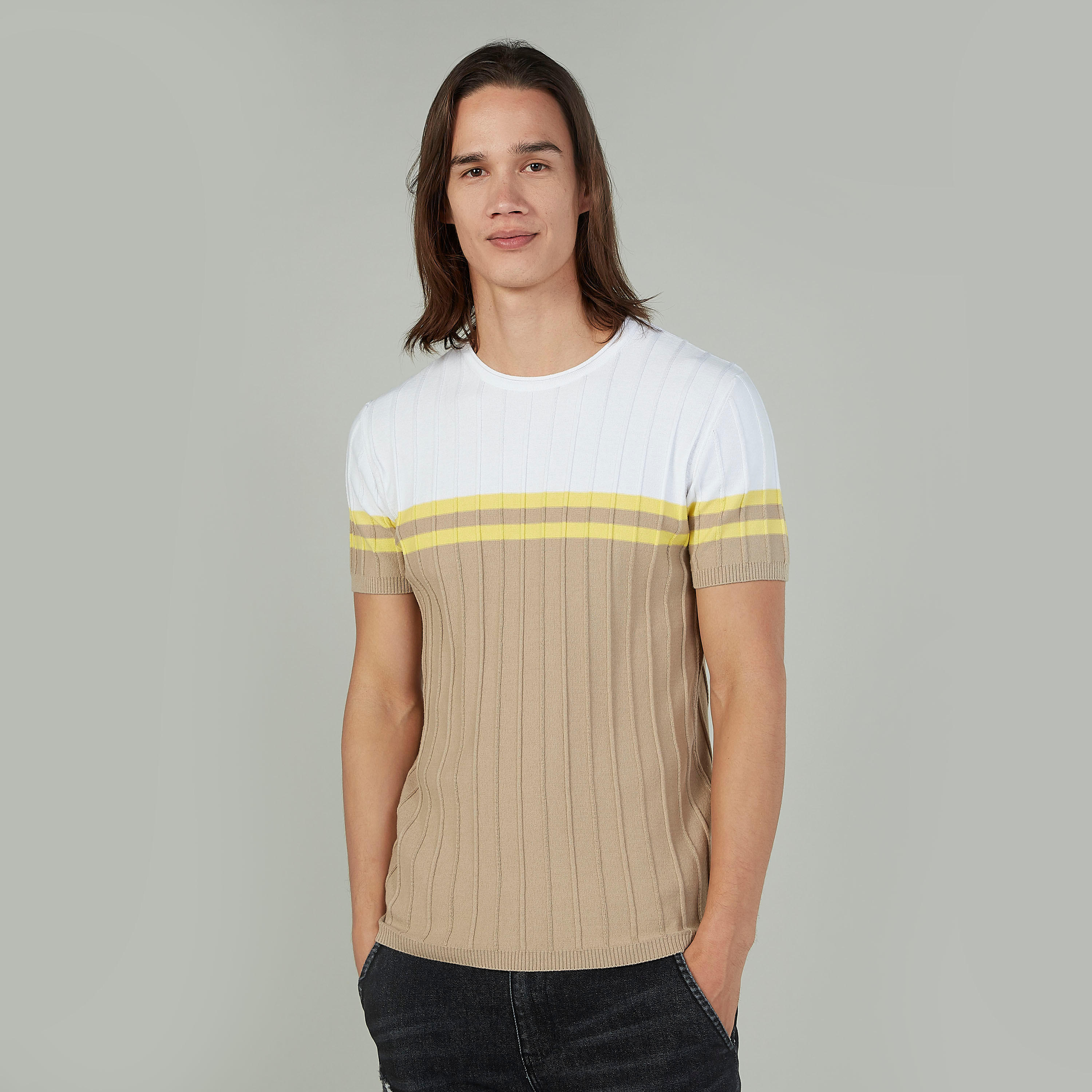 تيشيرت سليم مخطط بياقة ضيّقة وأكمام قصيرة من آيكونيك-men-clothing-tshirtsandpolos-tshirts-image-1