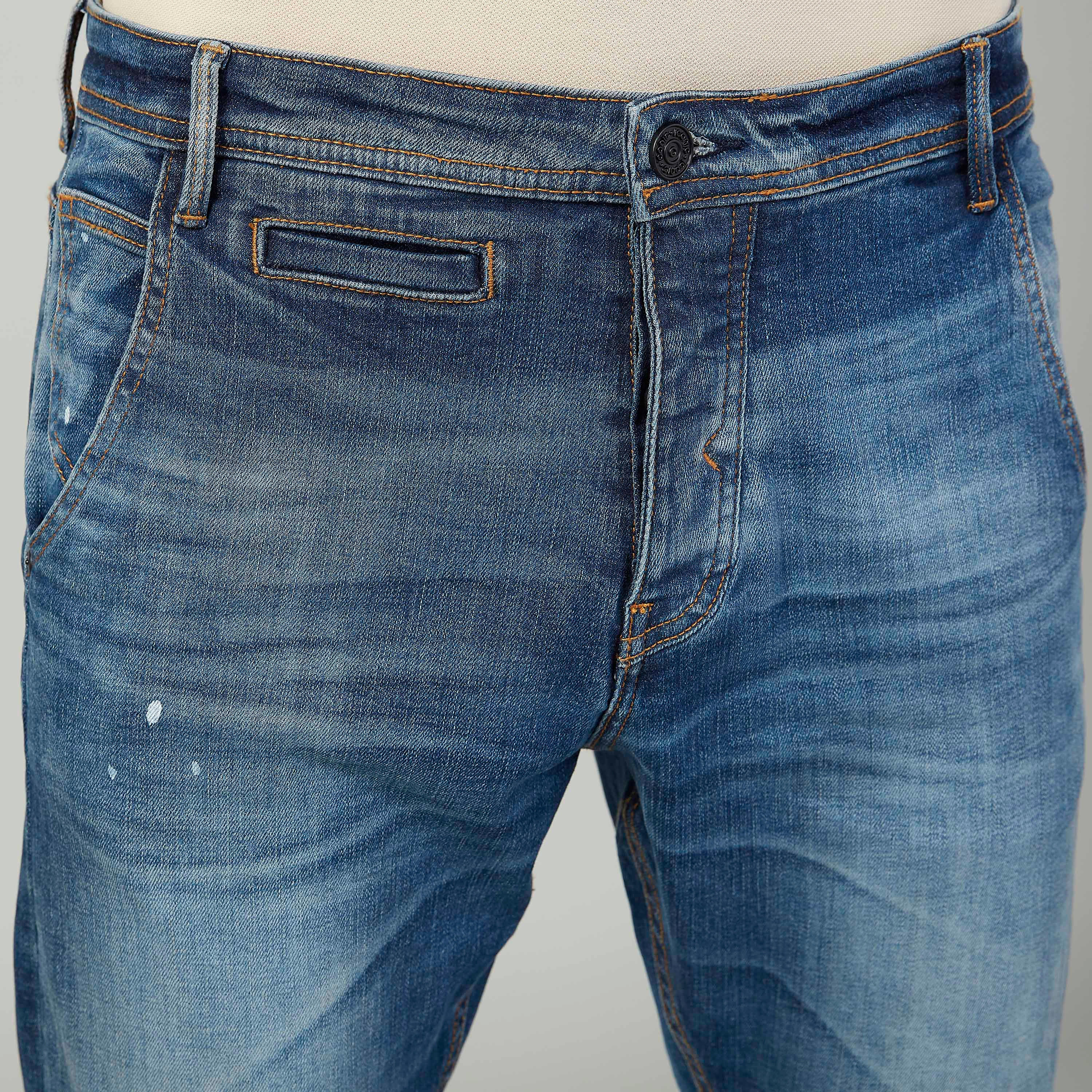 بنطلون جينز بقصة سليم سادة بخصر متوسط الارتفاع وجيوب وعراوي حزام من آيكونيك-men-clothing-bottoms-jeans-image-3