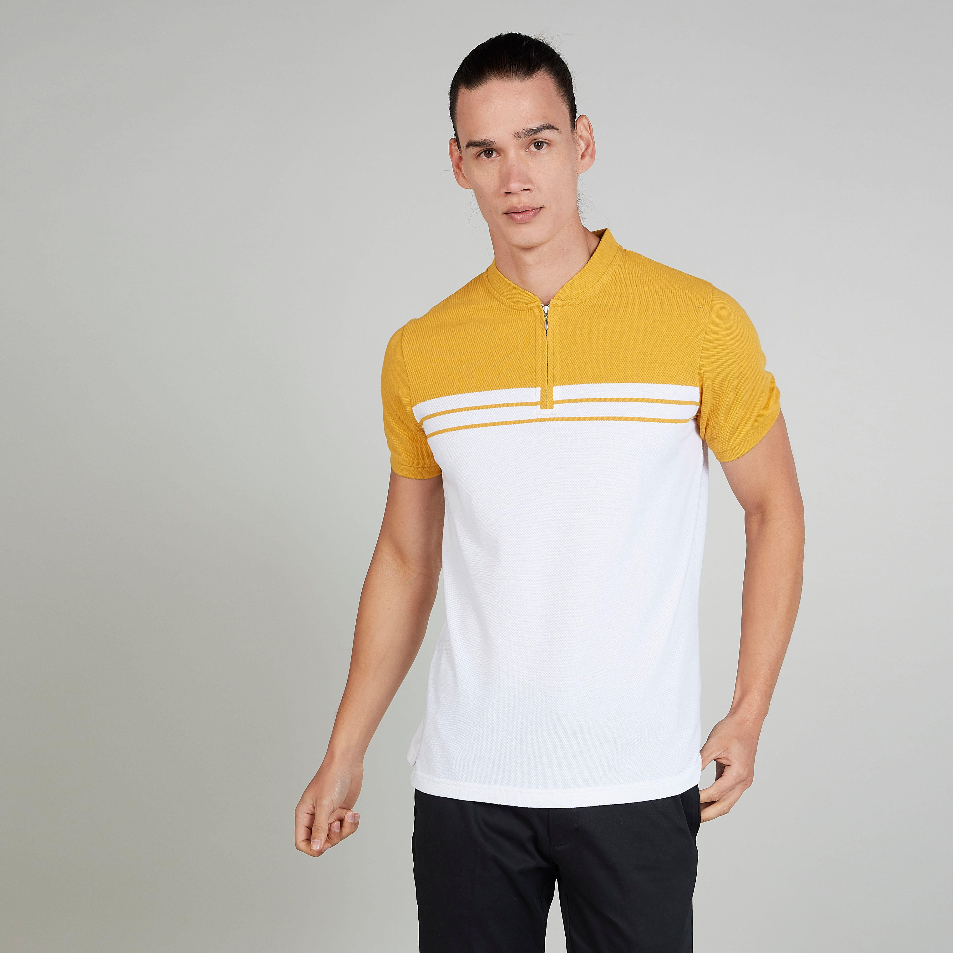تيشيرت مخطط بقصة سليم وياقة ماندارين من آيكونيك-men-clothing-tshirtsandpolos-polos-image-1
