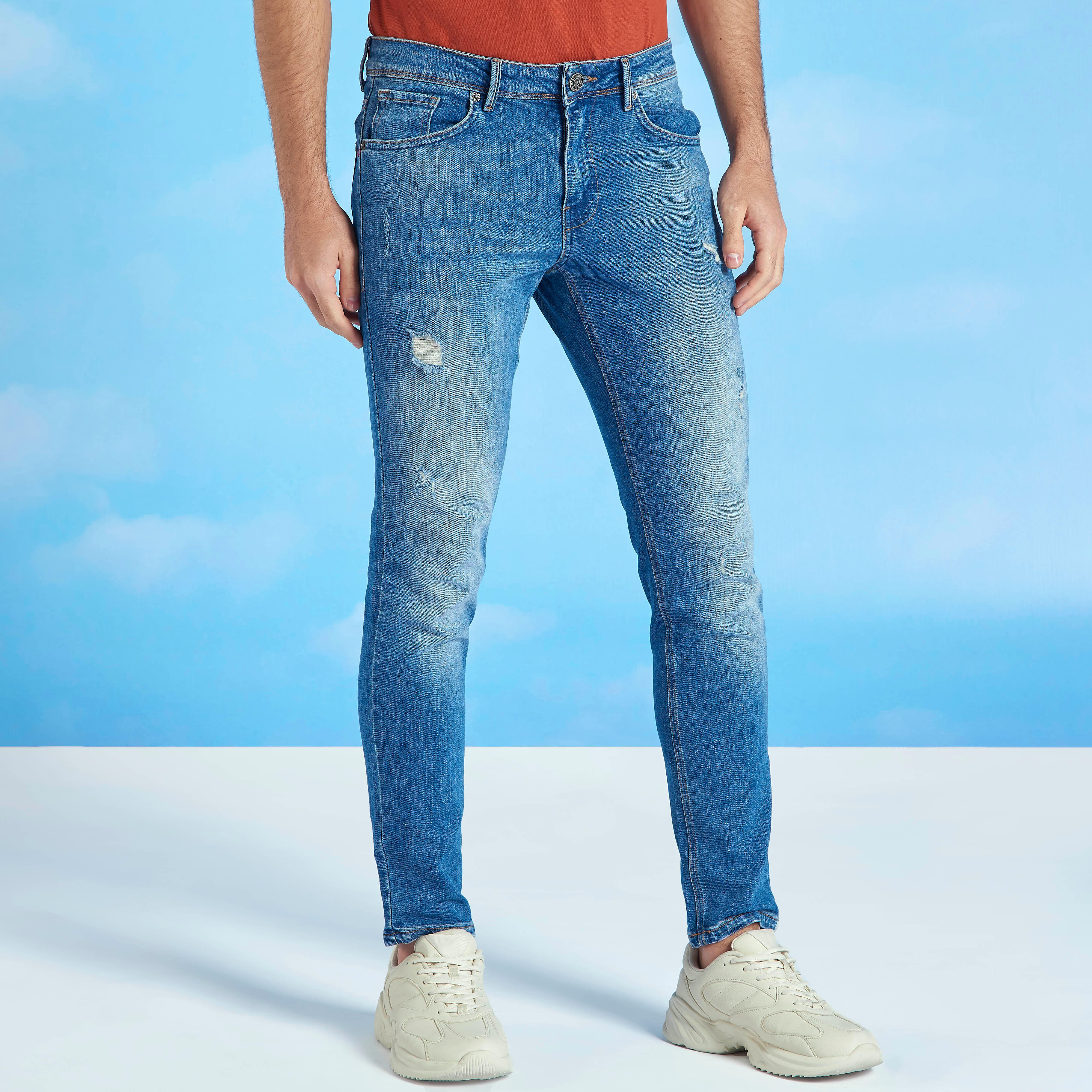 بنطلون جينز مضلّع بخصر متوسط الارتفاع وزر إغلاق وقصة سليم من آيكونيك-men-clothing-bottoms-jeans-image-1