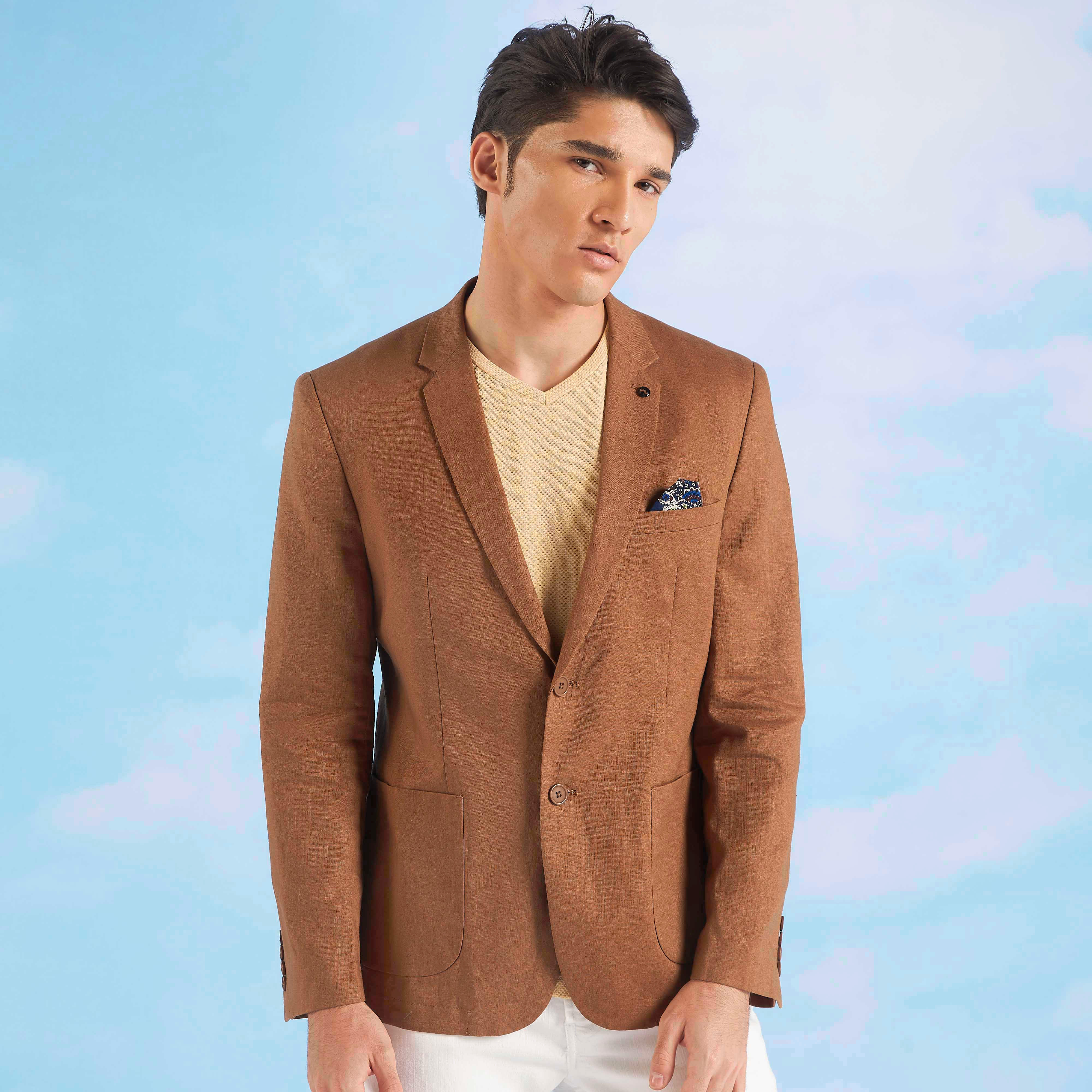 Iconic Solid Linen Blazer with Notched Lapel and Long Sleeves -men-winterwear-jacketsandblazers-image-1
