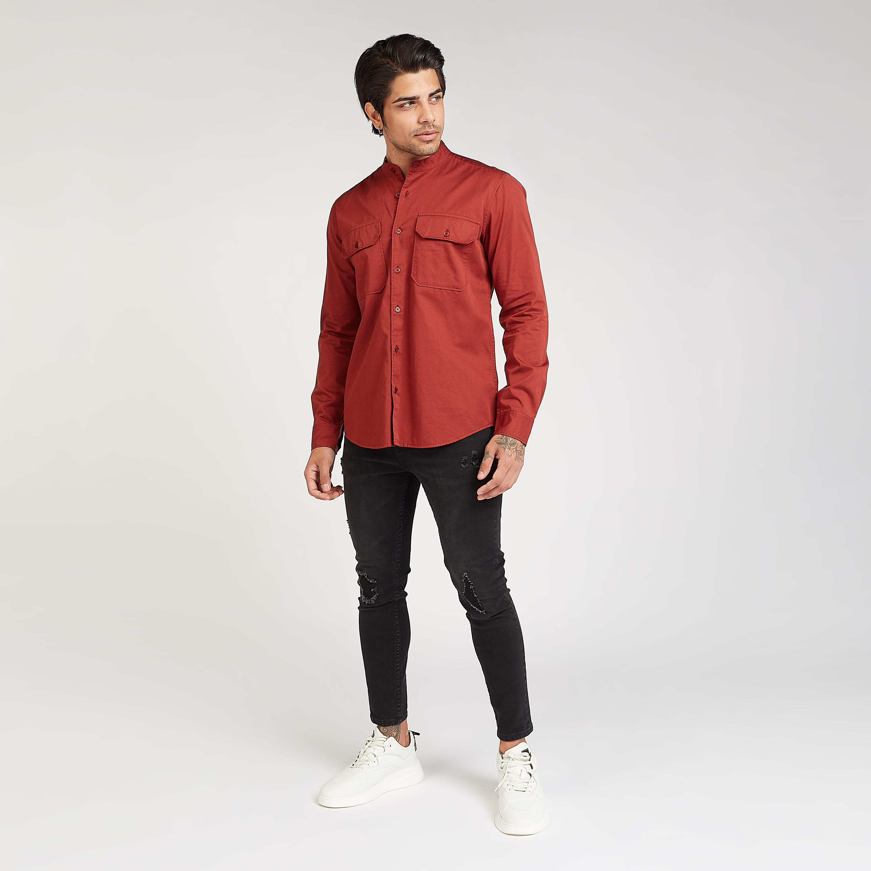 Sustainable Iconic Solid Mandarin Collared Shirt with Long Sleeves-men-clothing-shirts-image-2