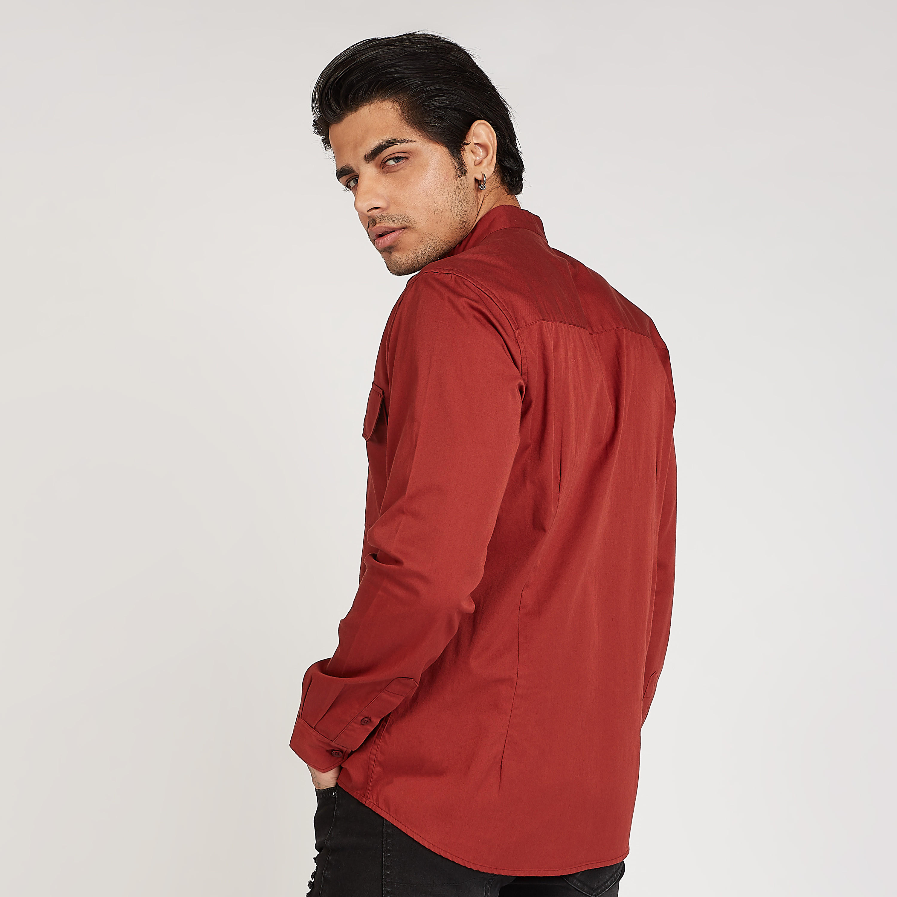 Sustainable Iconic Solid Mandarin Collared Shirt with Long Sleeves-men-clothing-shirts-image-4