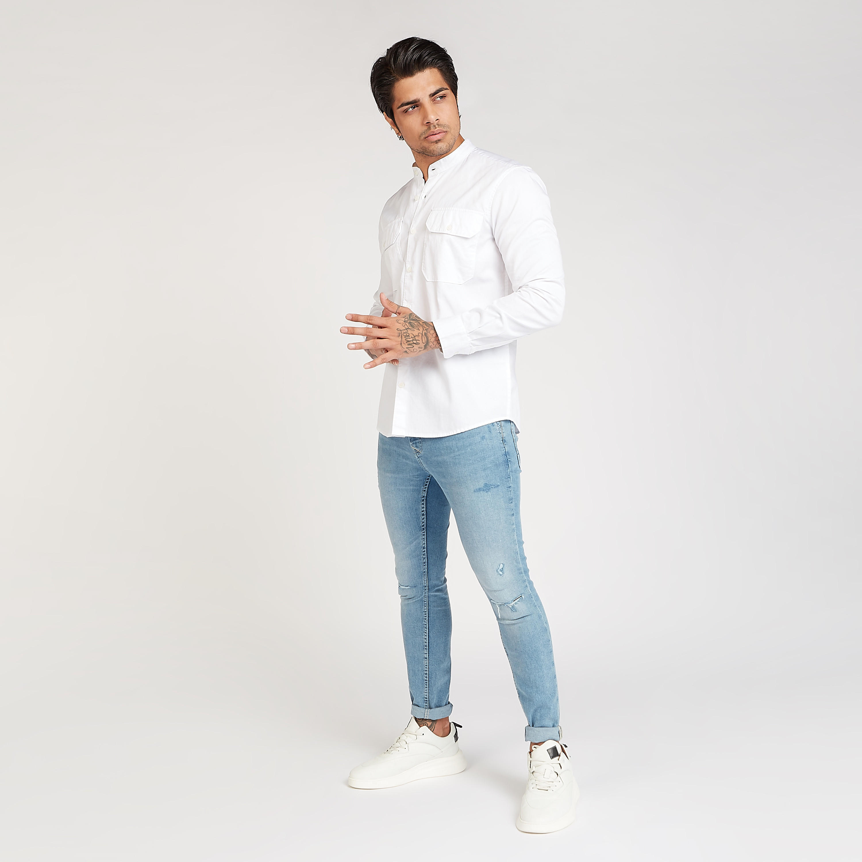 Sustainable Iconic Solid Mandarin Collared Shirt with Long Sleeves-men-clothing-shirts-image-7