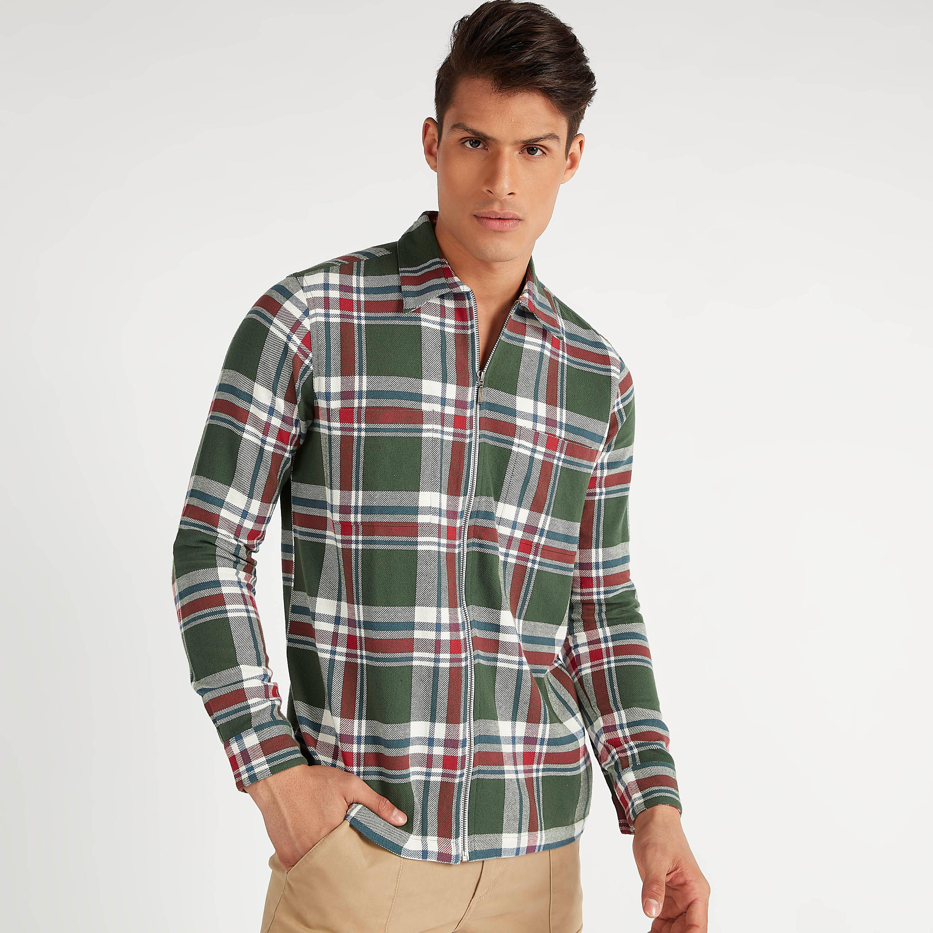 Sustainable Iconic Checked Zip Through Shirt with Long Sleeves-men-clothing-shirts-image-1