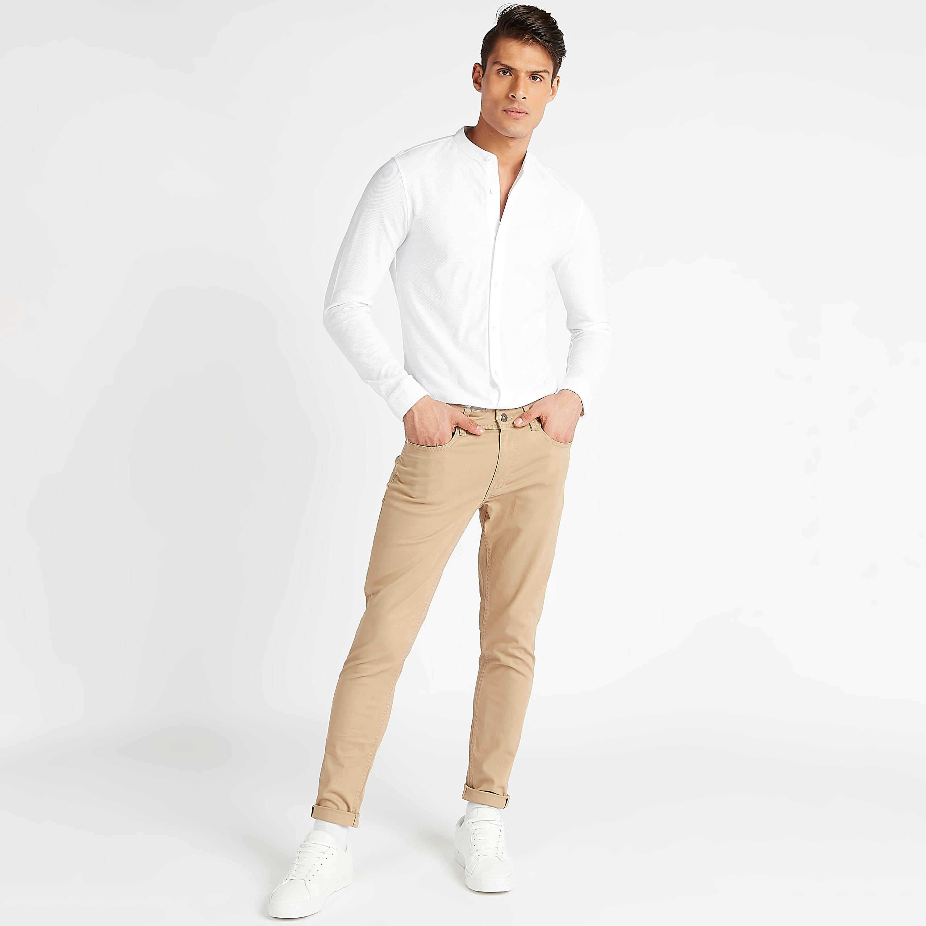 قميص بارز الملمس بقصّة سليم وياقة ماندارين وأكمام طويلة من آيكونيك-men-clothing-shirts-image-2