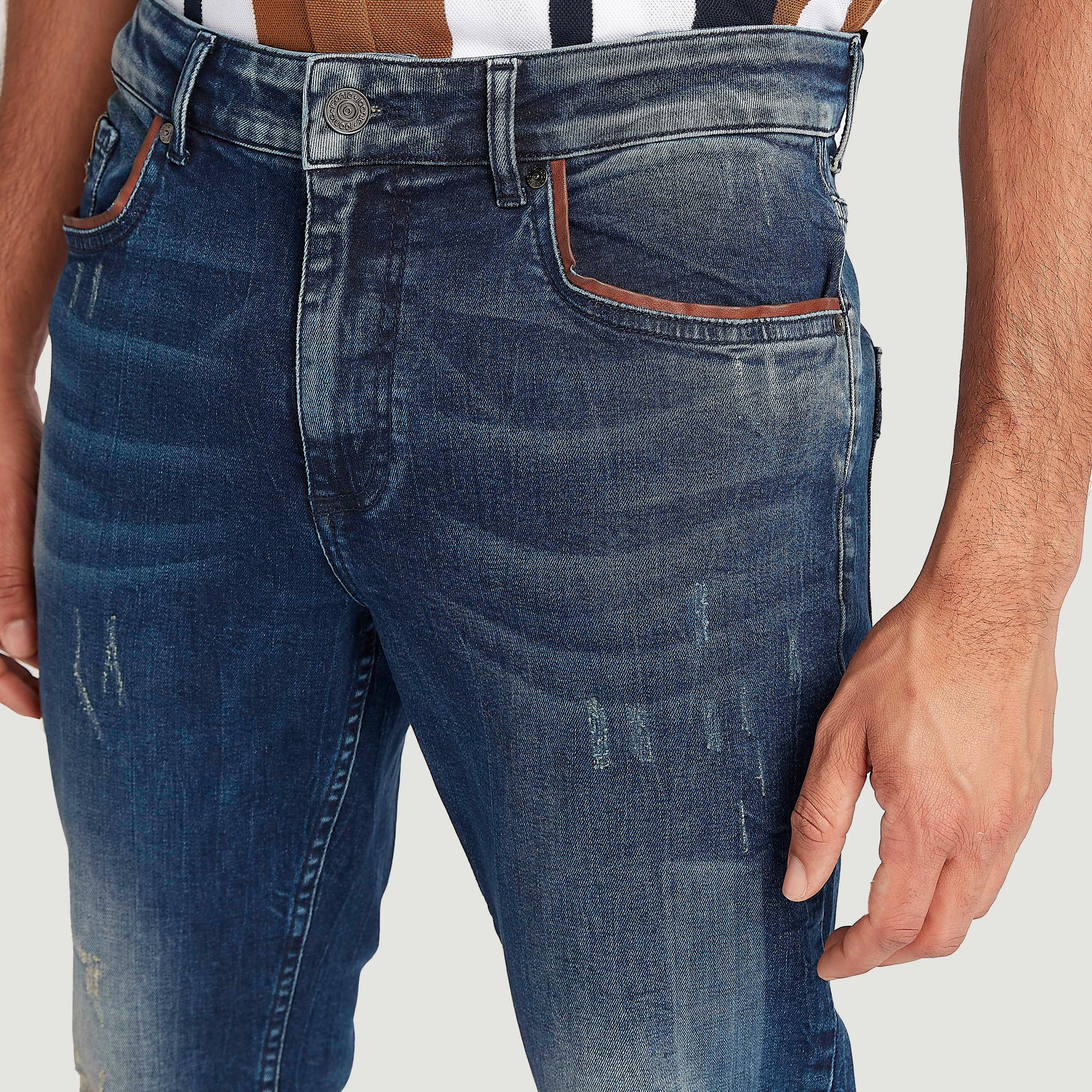 بنطلون جينز دنيم بارز الملمس بخصر متوسط الارتفاع وزر إغلاق من آيكونيك-men-clothing-bottoms-jeans-image-3
