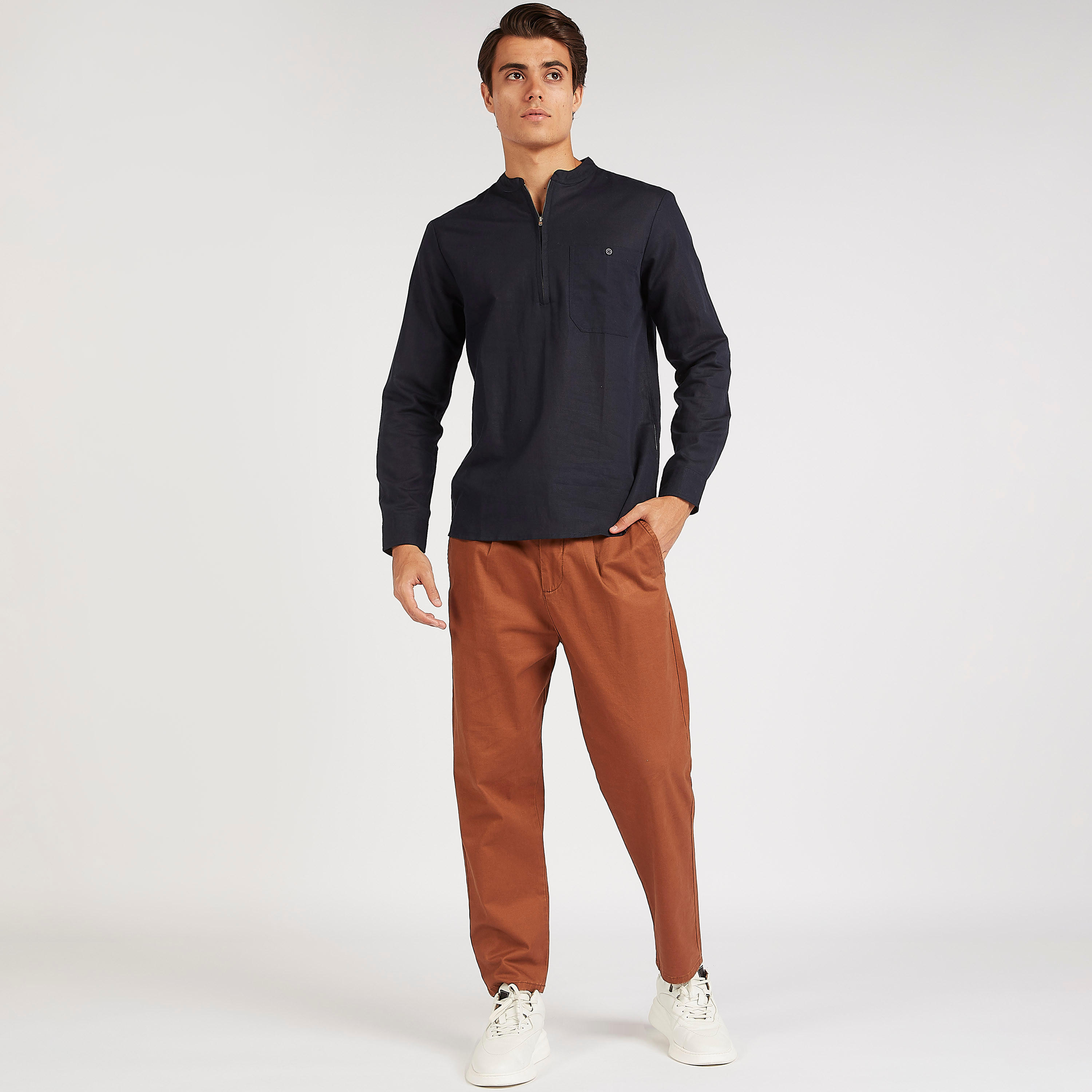 Textured Slim Fit Shirt with Zipper Placket-men-clothing-shirts-image-2
