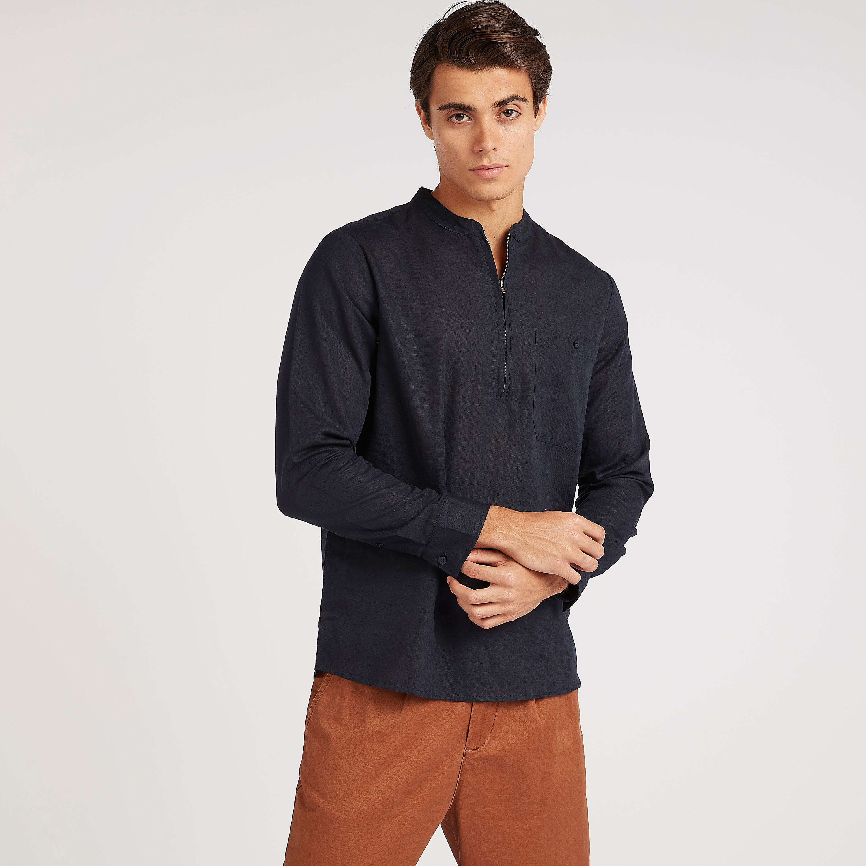 Textured Slim Fit Shirt with Zipper Placket-men-clothing-shirts-image-5