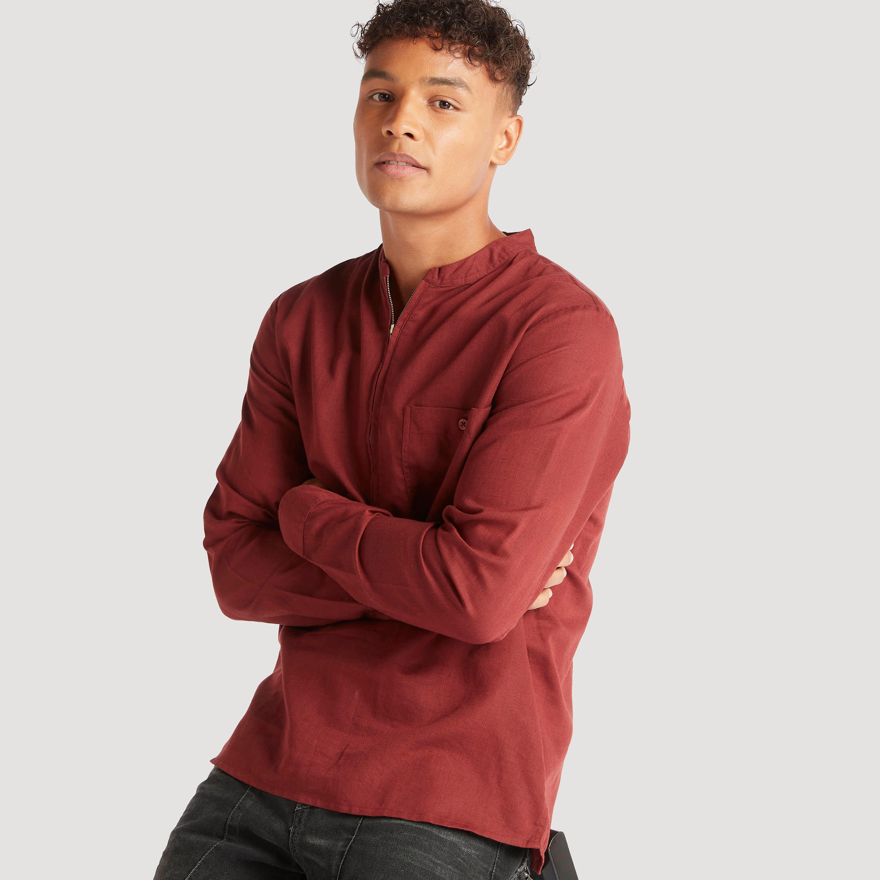 Textured Slim Fit Shirt with Zipper Placket-men-clothing-shirts-image-6