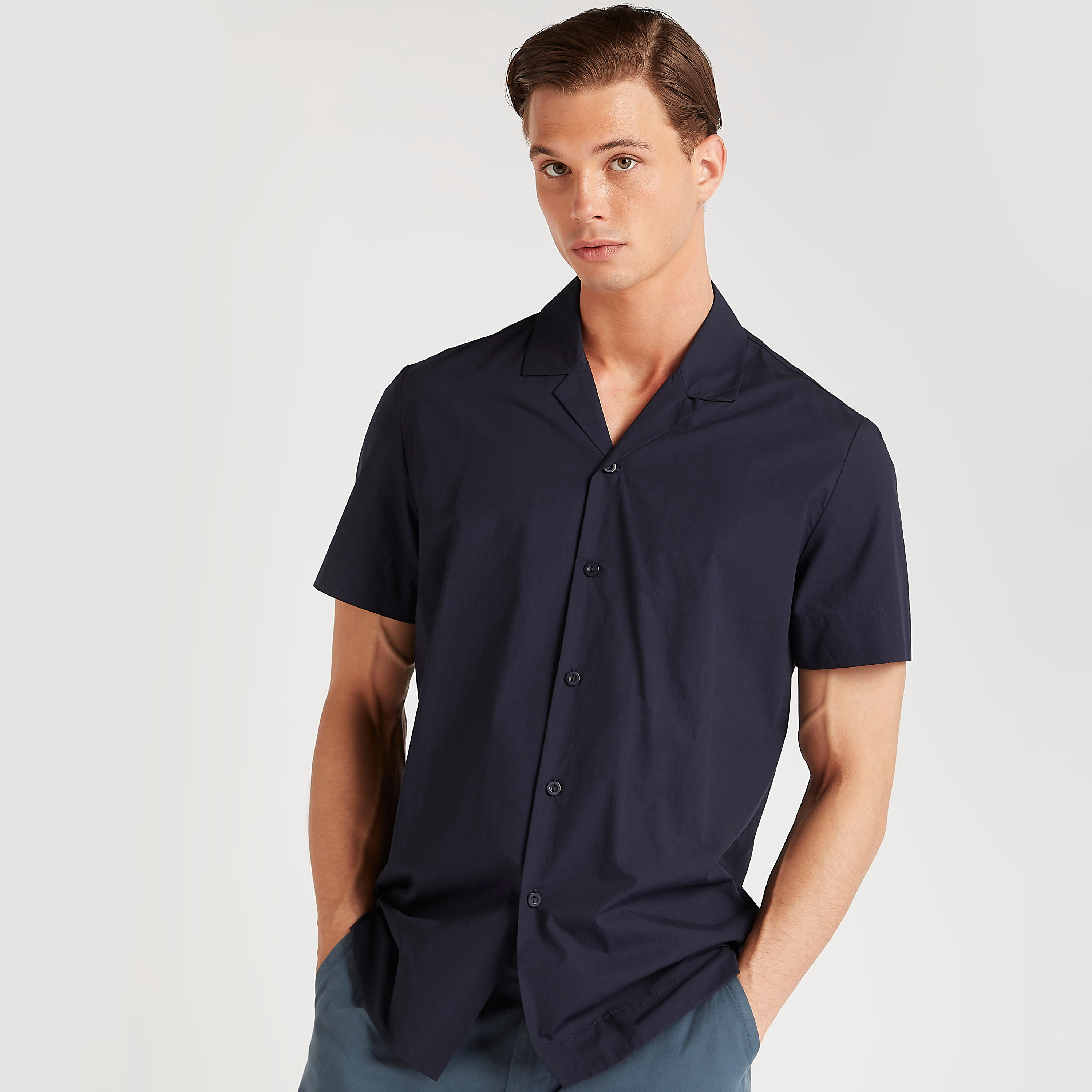 Iconic Solid Shirt with Spread Collar and Short Sleeves-men-clothing-shirts-image-1