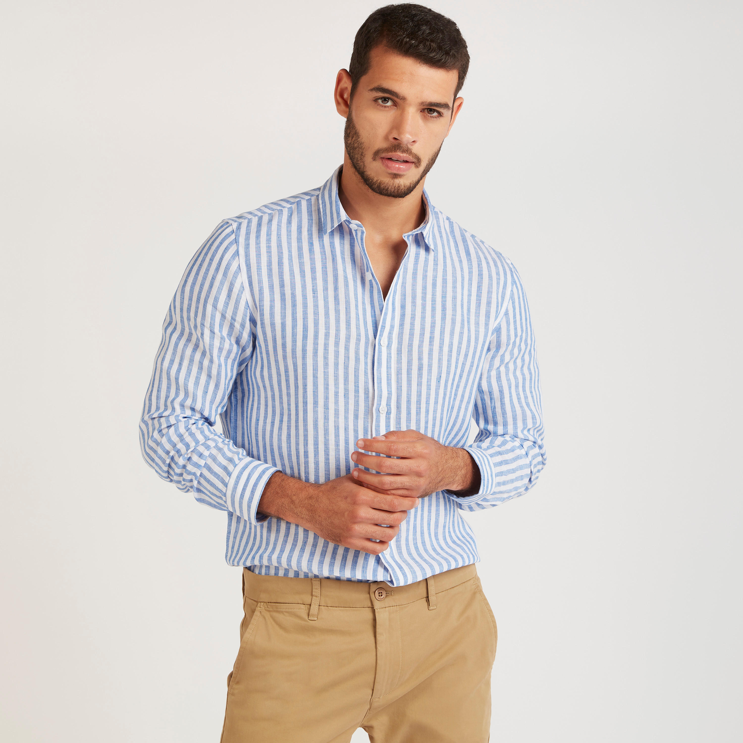 قميص مخطط بياقة واسعة وأكمام طويلة من آيكونيك-men-clothing-shirts-image-6