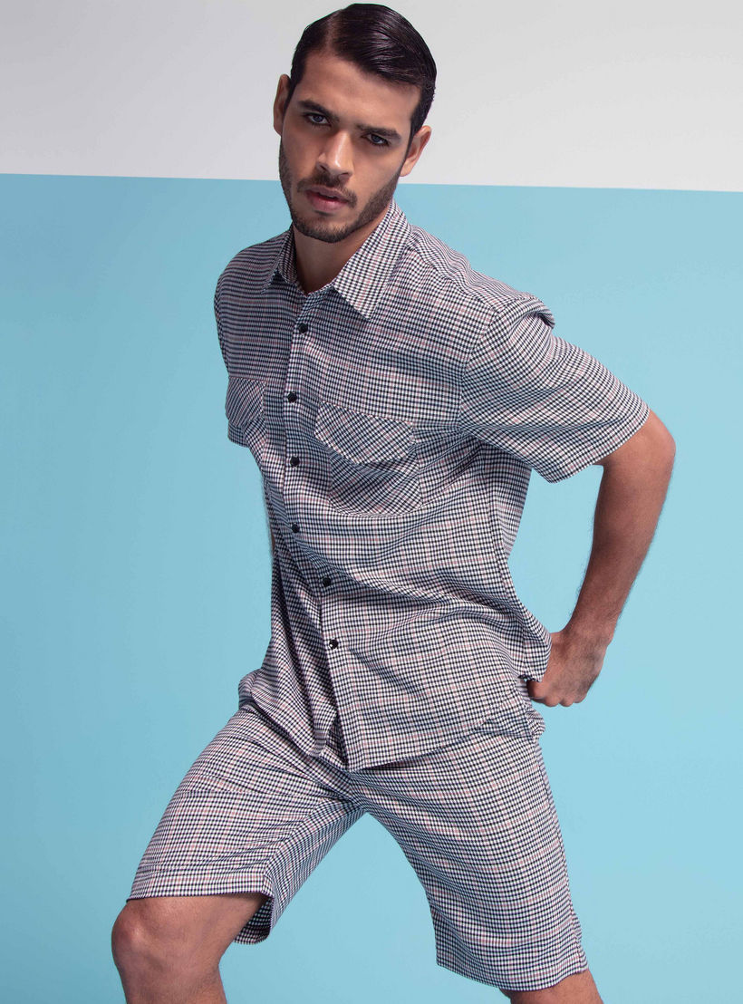 Iconic Checked Slim Fit Shirt with Short Sleeves and Flap Pockets-men-clothing-shirts-image-1