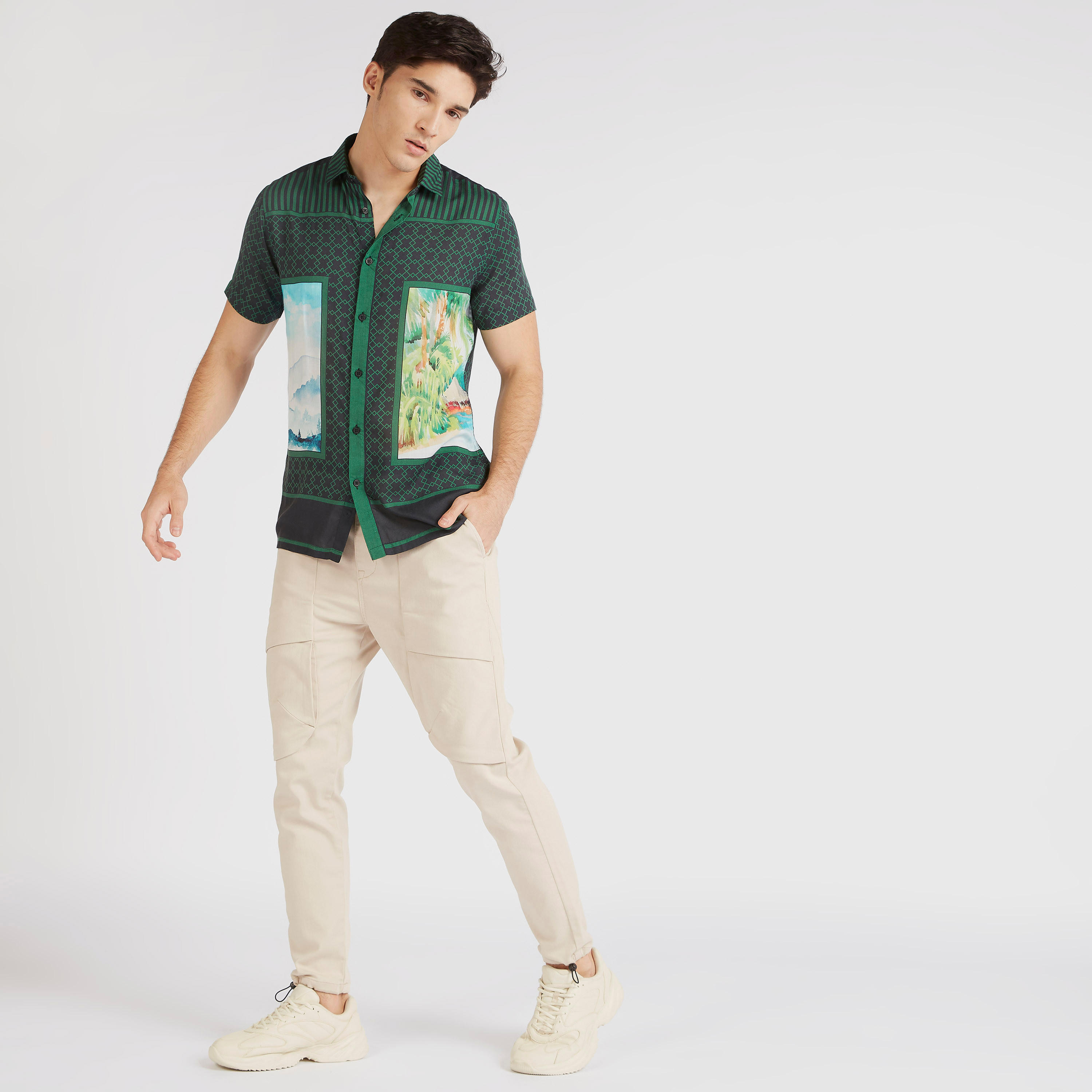 Iconic Print Collared Shirt with Short Sleeves-men-clothing-shirts-image-2