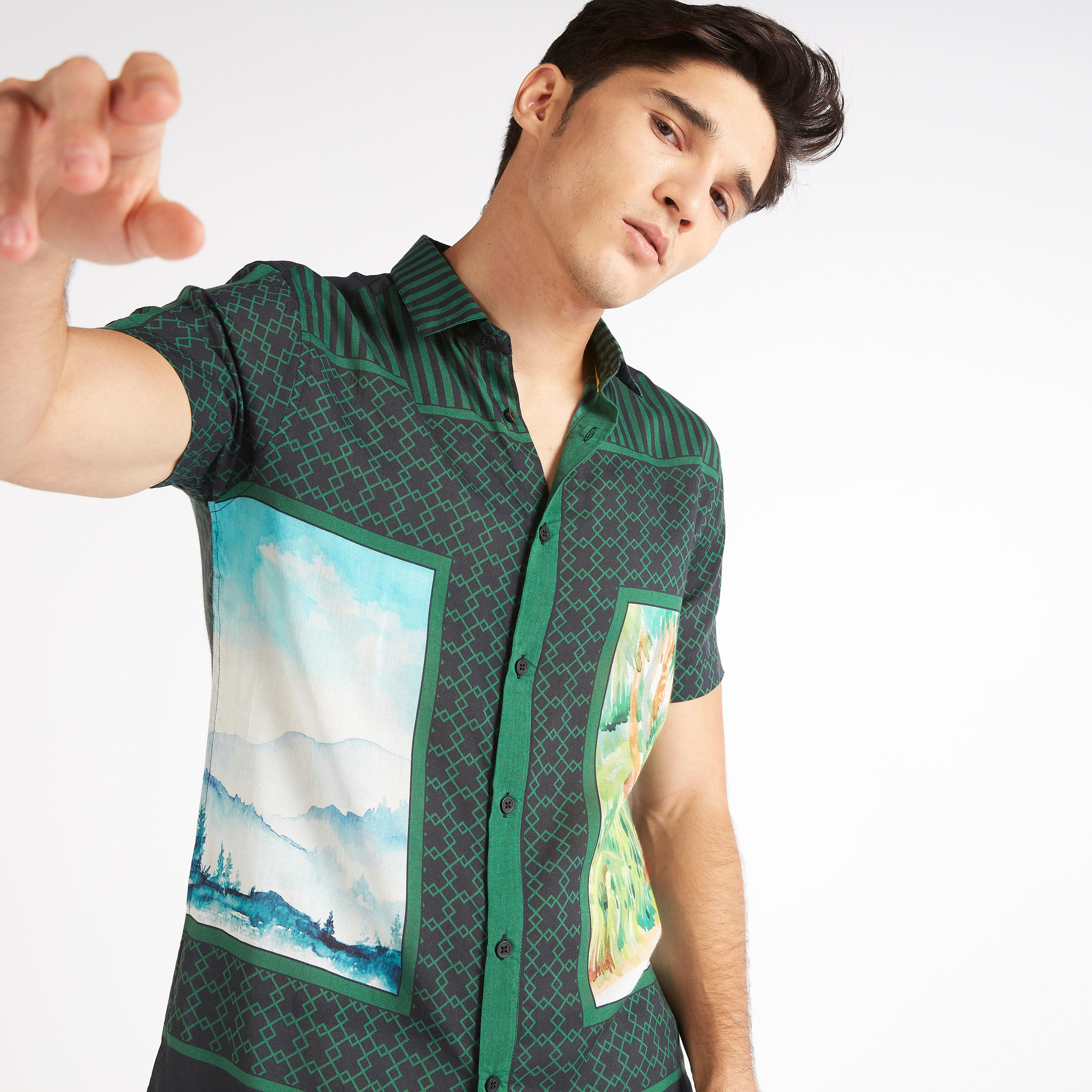 Iconic Print Collared Shirt with Short Sleeves-men-clothing-shirts-image-3