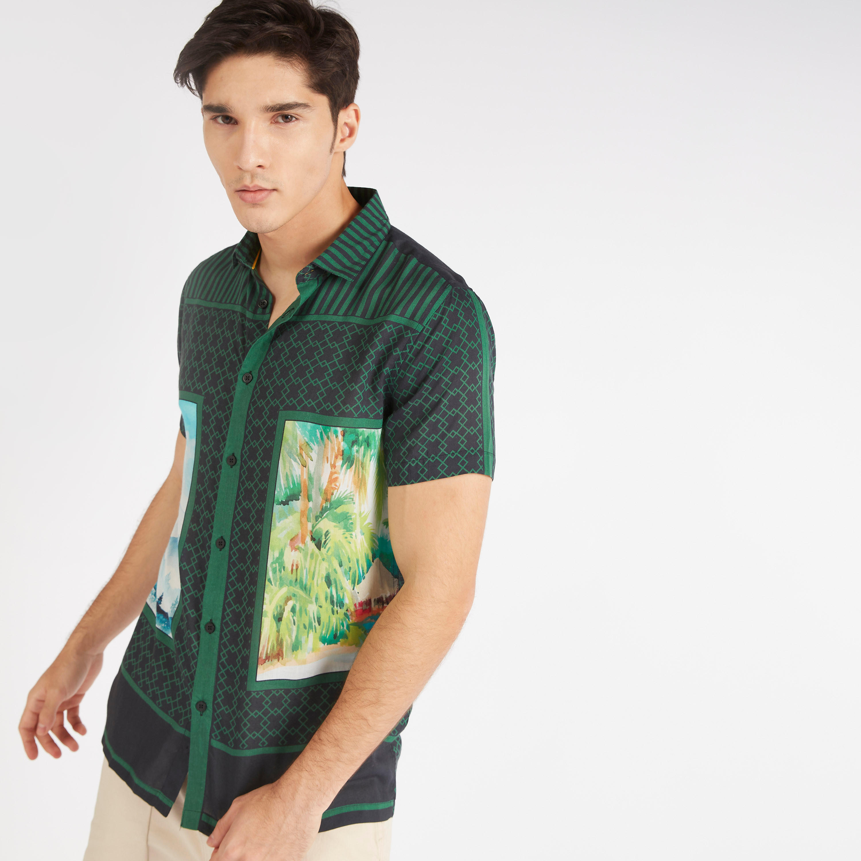Iconic Print Collared Shirt with Short Sleeves-men-clothing-shirts-image-6