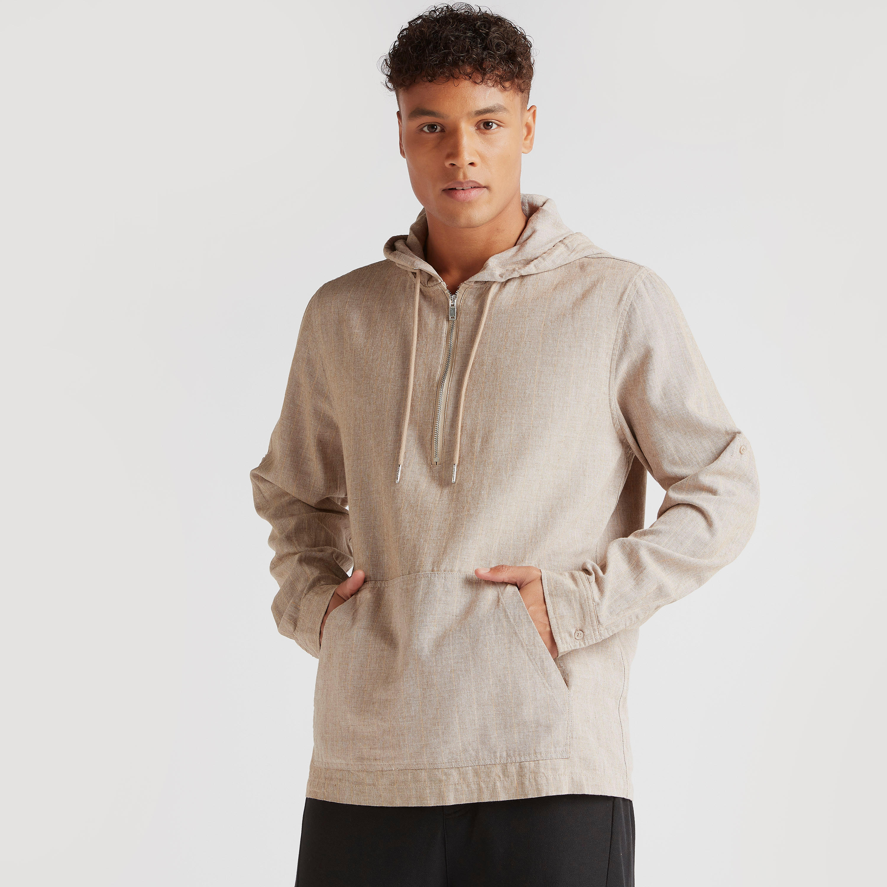 Iconic Textured Hooded Shirt with Long Sleeves and Kangaroo Pocket-men-clothing-shirts-image-1