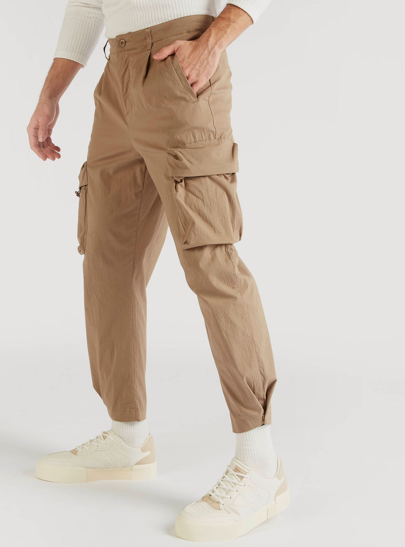 Iconic Solid Mid-Rise Cargo Pants with Pockets and Button Closure-men-clothing-bottoms-trousersandchinos-trousers-image-1