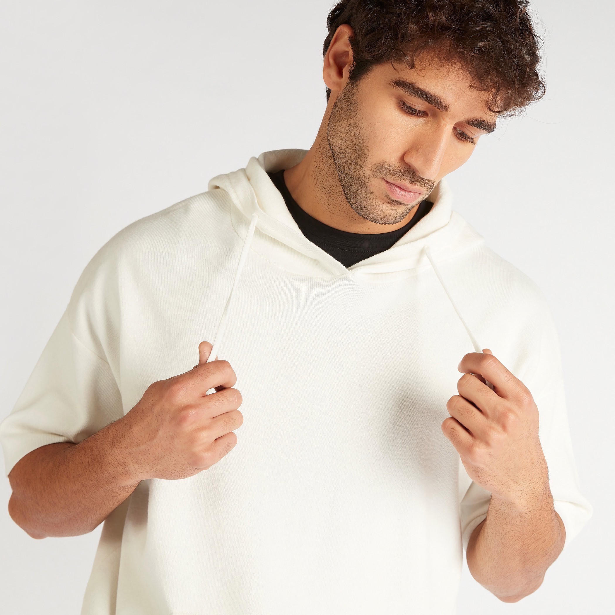 Textured Sweatshirt with Hood and Short Sleeves-men-winterwear-hoodiesandsweatshirts-image-1