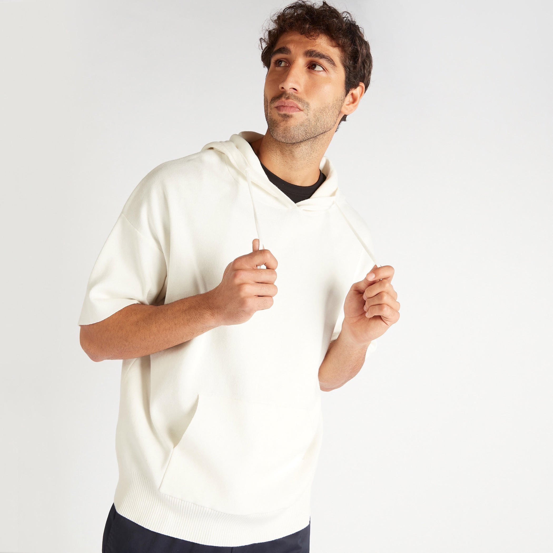 Textured Sweatshirt with Hood and Short Sleeves-men-winterwear-hoodiesandsweatshirts-image-3