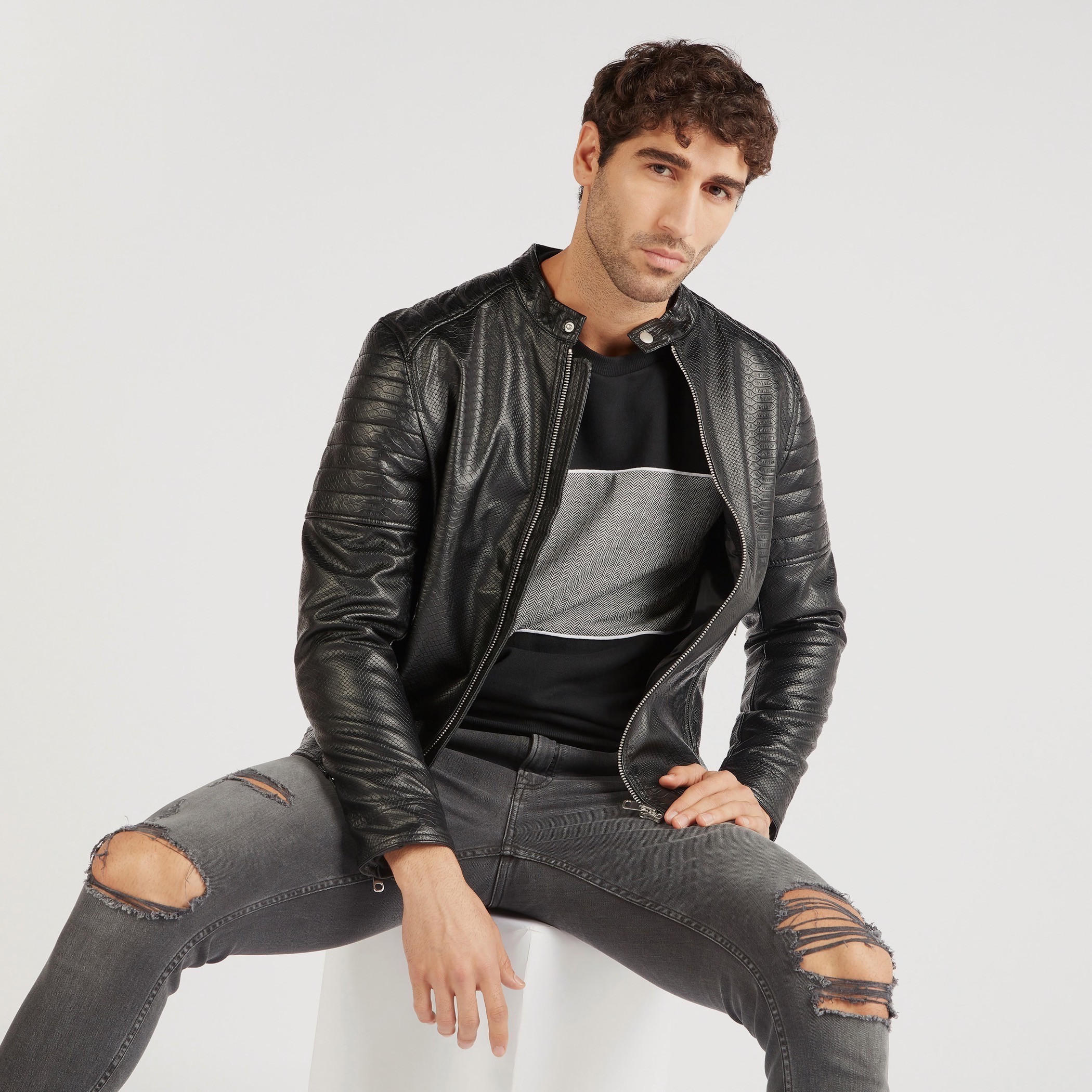 Iconic Textured Zip Through Biker Jacket with Long Sleeves and Pockets-men-clothing-jacketsandblazers-jackets-image-1