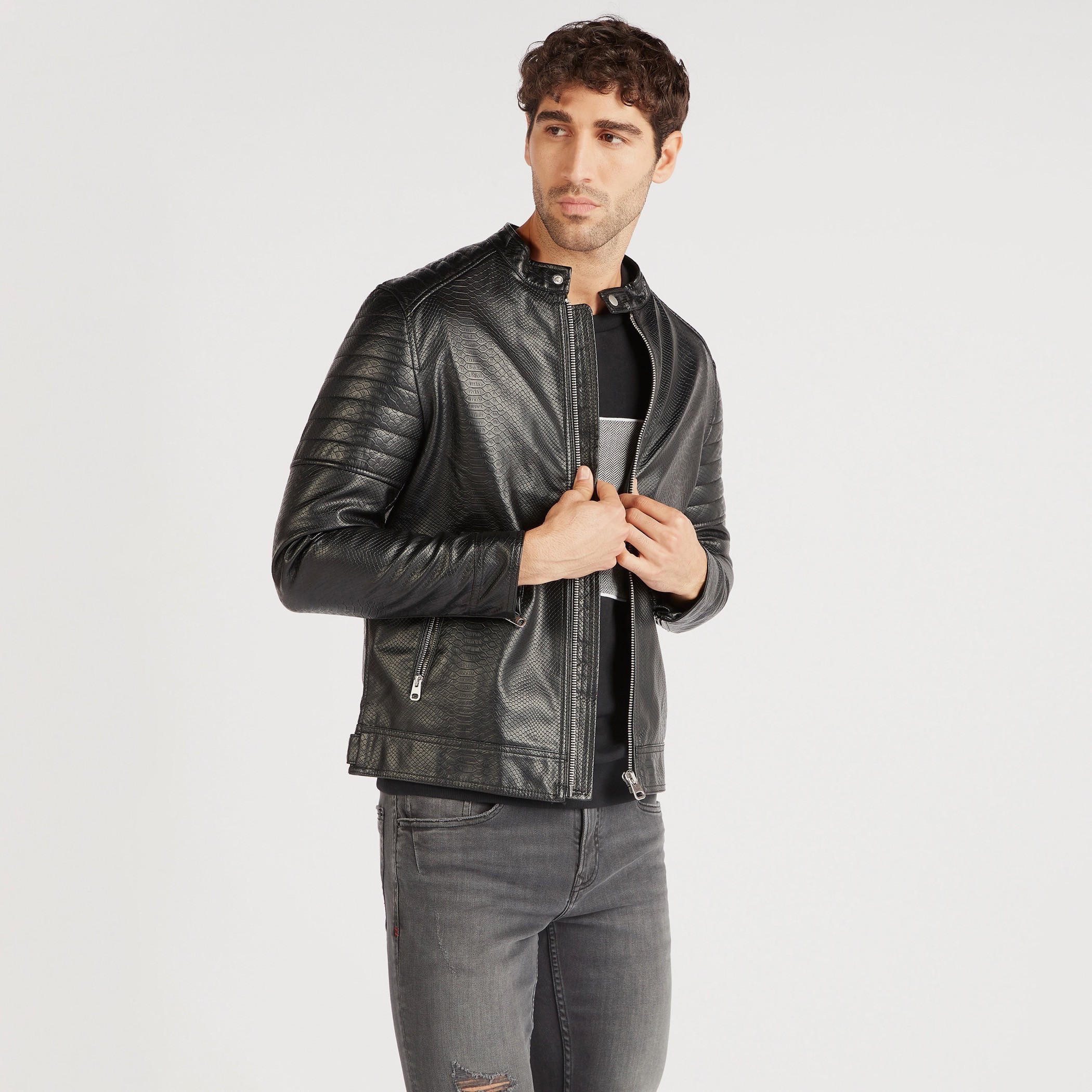Iconic Textured Zip Through Biker Jacket with Long Sleeves and Pockets-men-clothing-jacketsandblazers-jackets-image-2