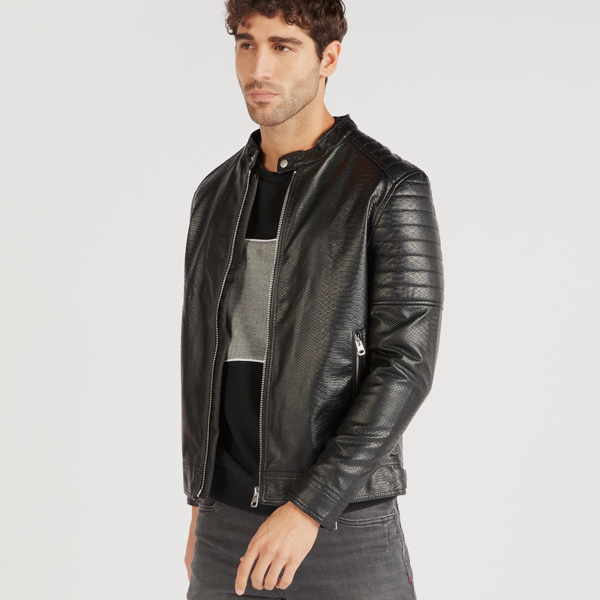 Iconic Textured Zip Through Biker Jacket with Long Sleeves and Pockets-men-clothing-jacketsandblazers-jackets-image-3
