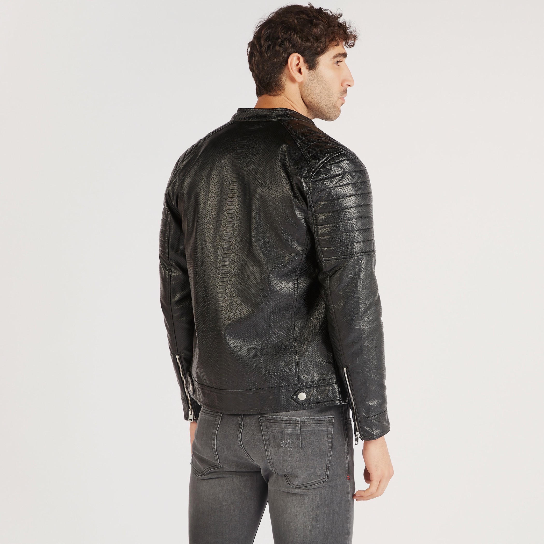 Iconic Textured Zip Through Biker Jacket with Long Sleeves and Pockets-men-clothing-jacketsandblazers-jackets-image-4