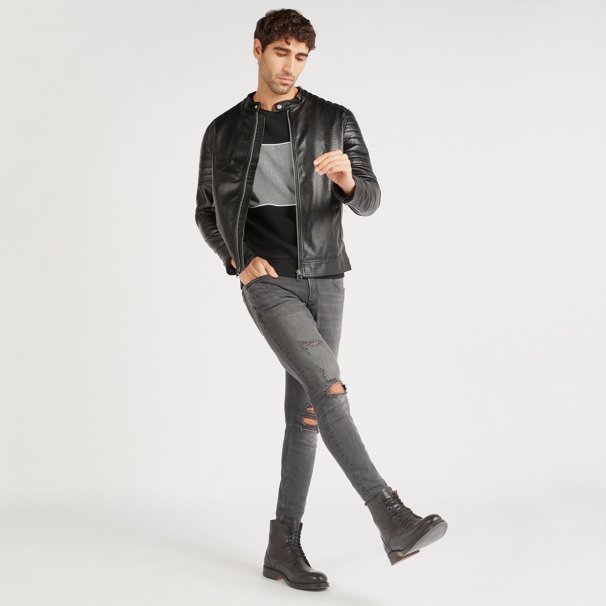 Iconic Textured Zip Through Biker Jacket with Long Sleeves and Pockets-men-clothing-jacketsandblazers-jackets-image-5
