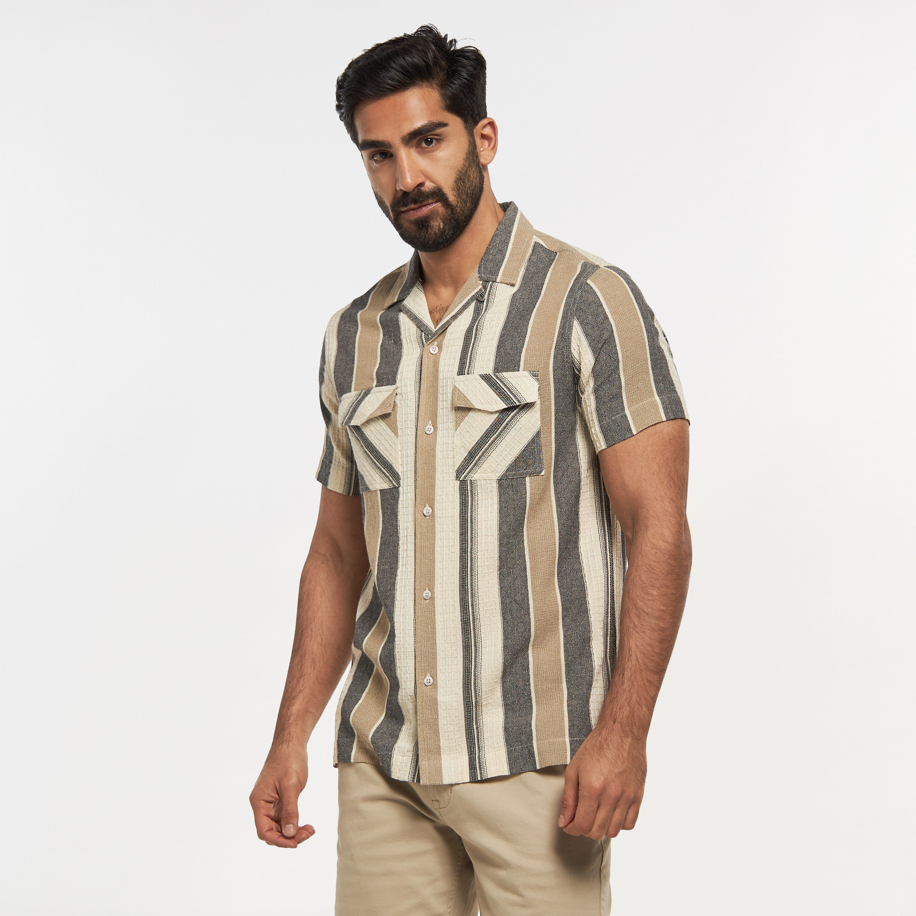 Iconic Striped Camp Collar Shirt with Pockets and Short Sleeves-men-clothing-shirts-image-1