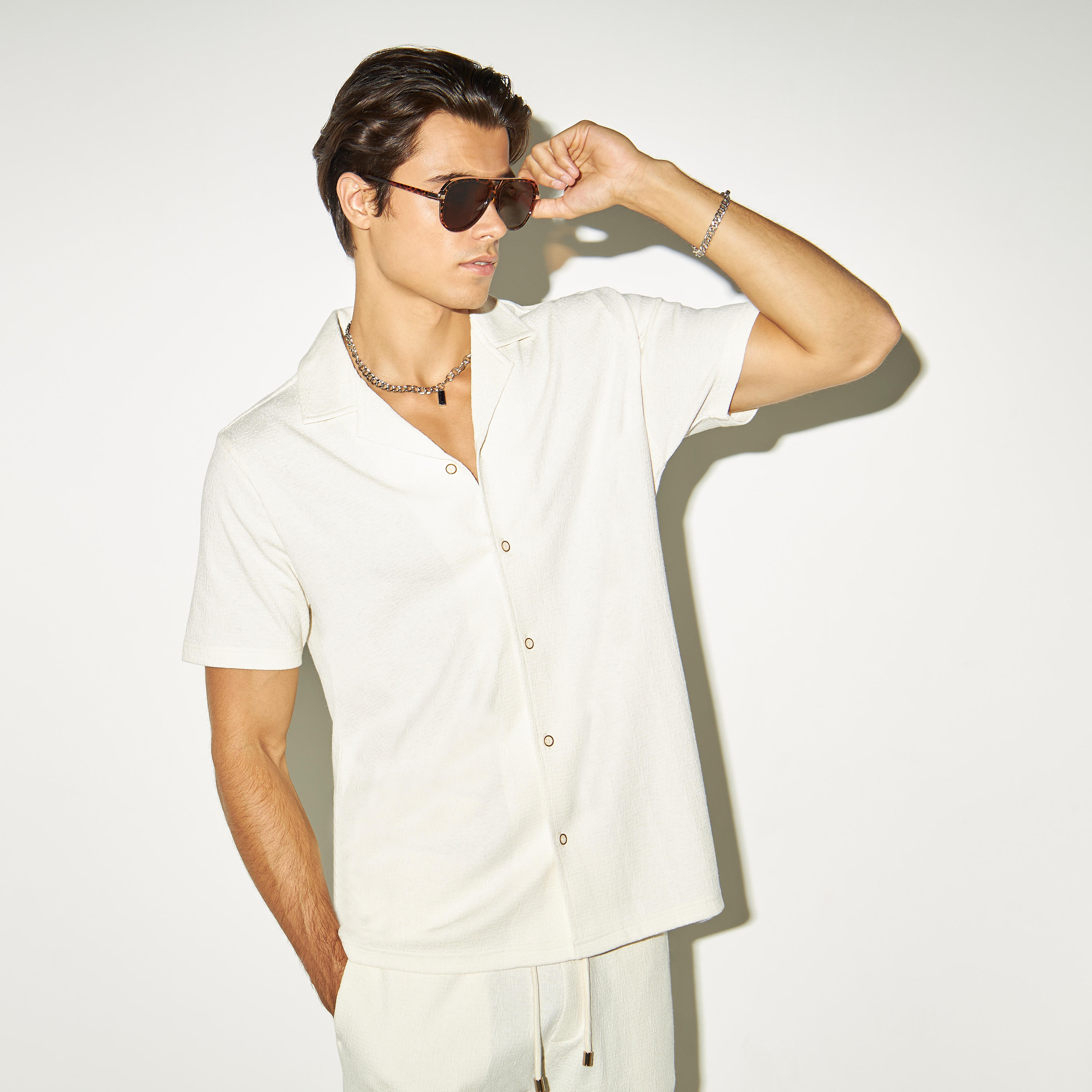 Solid Shirt with Camp Collar and Short Sleeves-men-clothing-shirts-image-1