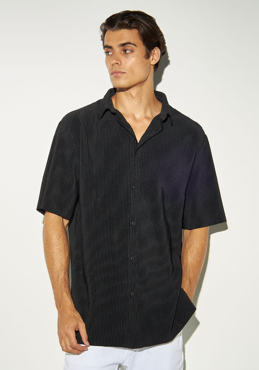 2304098 Shop Iconic All-Over Ribbed Shirt with Short Sleeves and Button Closure ...