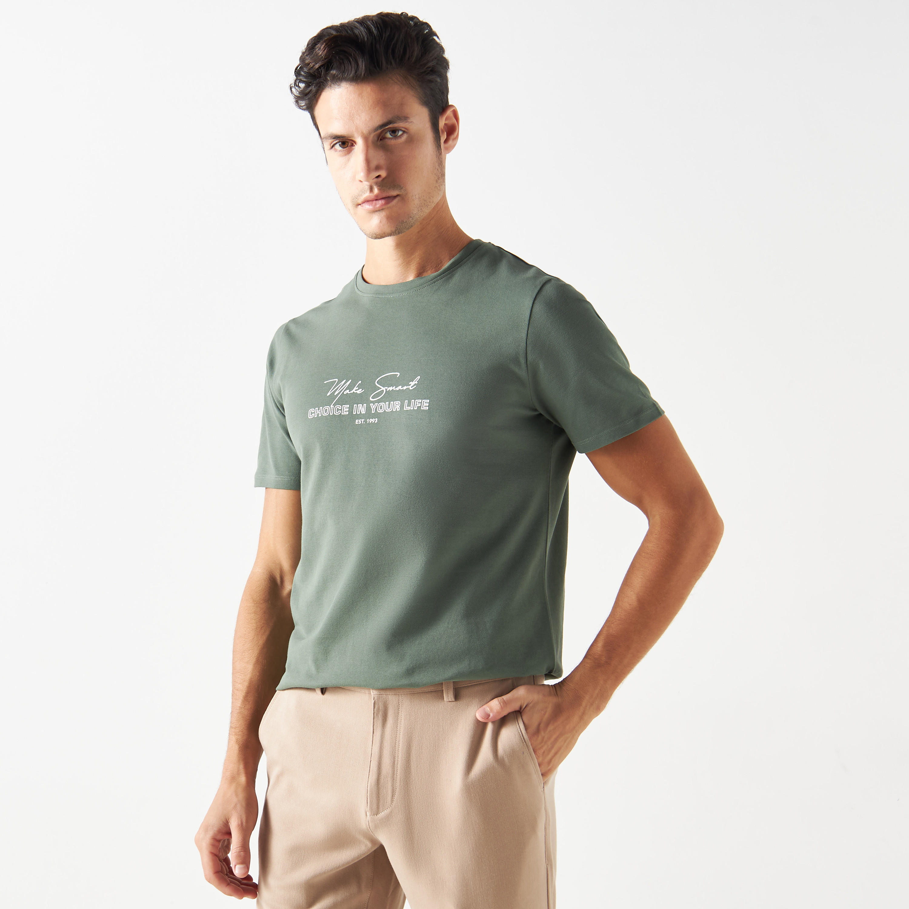 Iconic Slogan Print Pique T-shirt with Crew Neck and Short Sleeves-men-clothing-tshirtsandpolos-tshirts-image-1