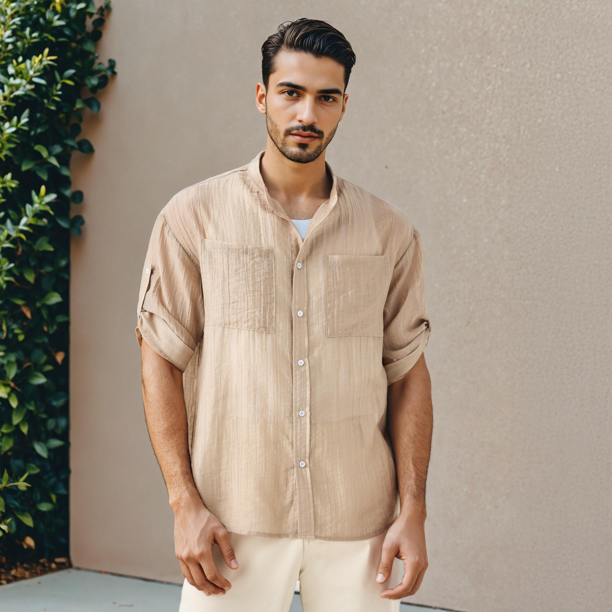 قميص ماندارين بارز الملمس بأكمام ثلاثة أرباع وجيوب على الصدر من أيكونيك-men-clothing-shirts-image-1